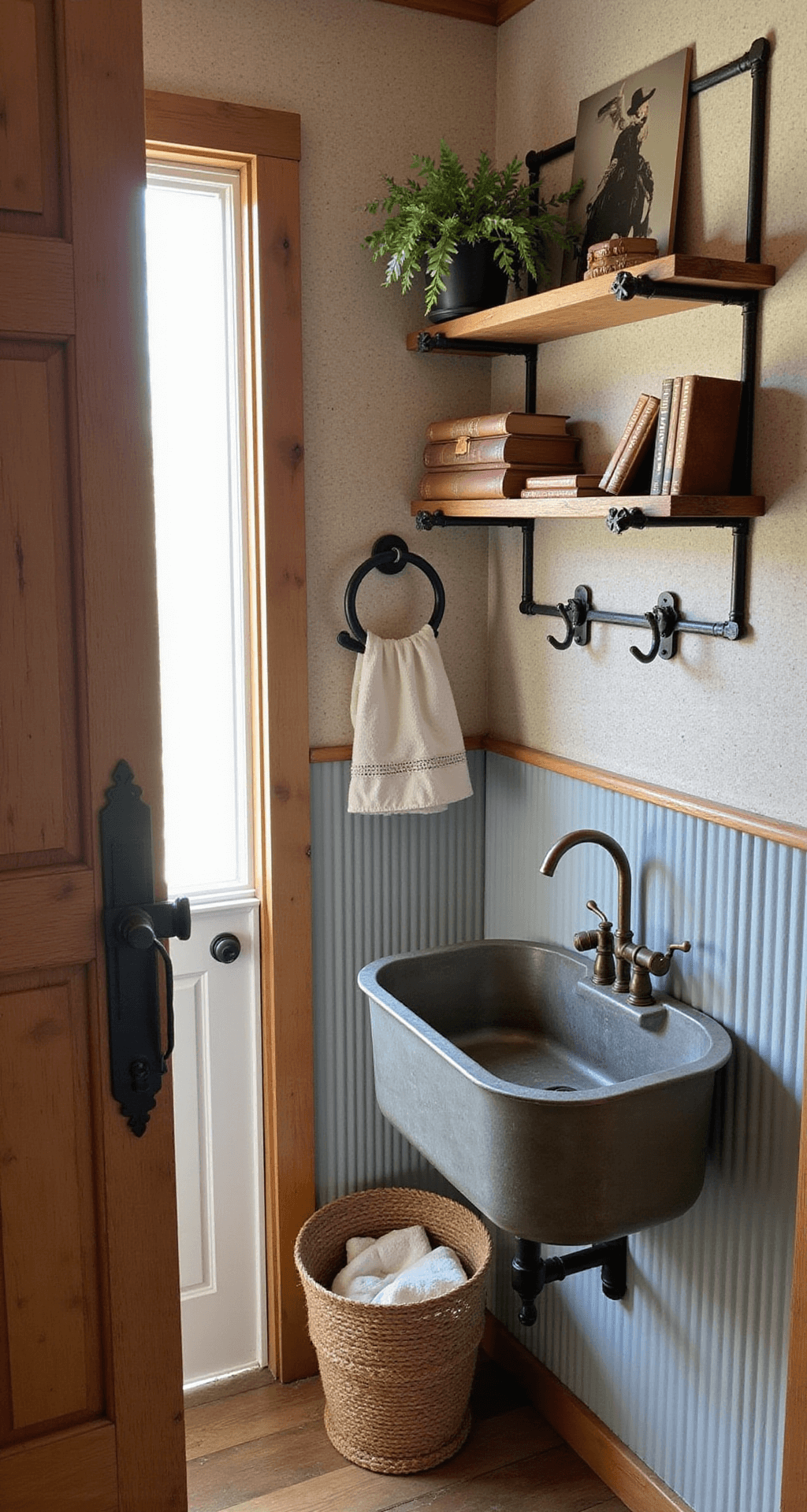 Interior view of a compact ranch house powder room featuring a barn door entrance, corrugated metal wainscoting, and rope-textured wallpaper. A wall-mounted trough sink in weathered zinc with a brass gooseneck faucet is complemented by rustic wood floating shelves displaying vintage rodeo photographs and leather-bound books. The space includes a horseshoe towel hook and braided jute baskets, all bathed in warm morning light.