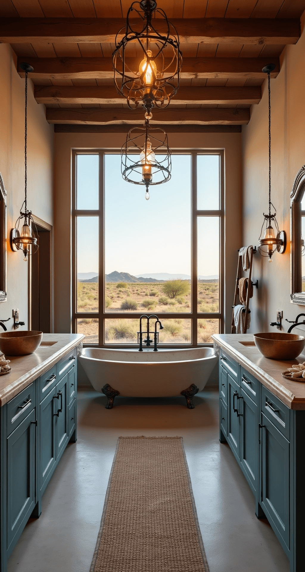 A serene western spa retreat featuring a natural stone soaking tub with a view of the desert, reclaimed wood beam ceiling with iron chandeliers, double vanity in blue-stained alder wood, and organic decor elements like a copper foot bath and sage bundles.