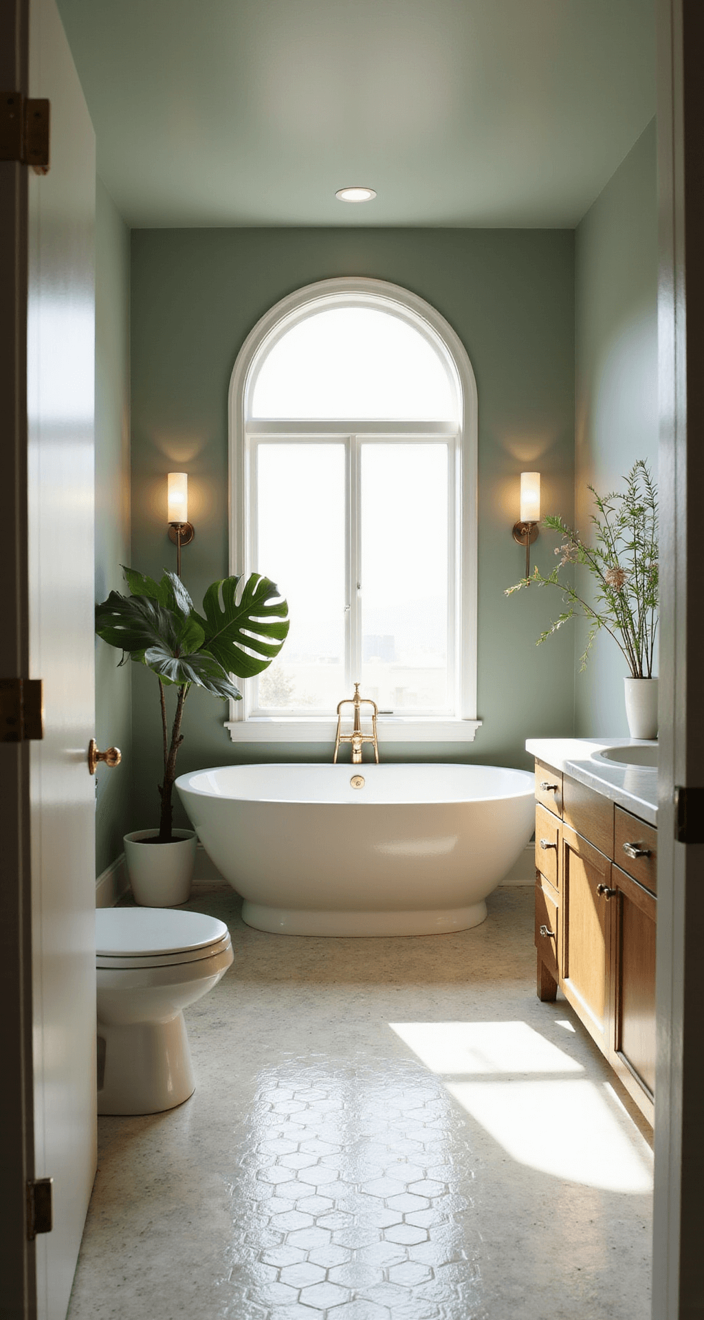 Green Bathroom Decor: Transform Your Space with Serene Natural Vibes A sunny contemporary bathroom with soft sage green walls, a white freestanding oval tub, brass sconces, a large monstera plant, and marble hexagon floor tiles, featuring a floating wooden vanity and warm LED lighting for a serene, spa-like atmosphere.