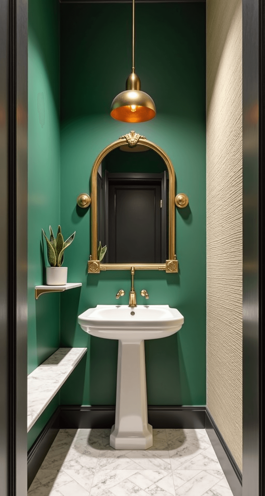 Green Bathroom Decor: Transform Your Space with Serene Natural Vibes Intimate powder room featuring an emerald green accent wall, gold-framed Art Deco mirror above a white pedestal sink, vintage brass faucet, cream grasscloth wallpaper, a potted snake plant on a marble shelf, and a herringbone marble floor, captured from a low angle with dramatic overhead lighting.