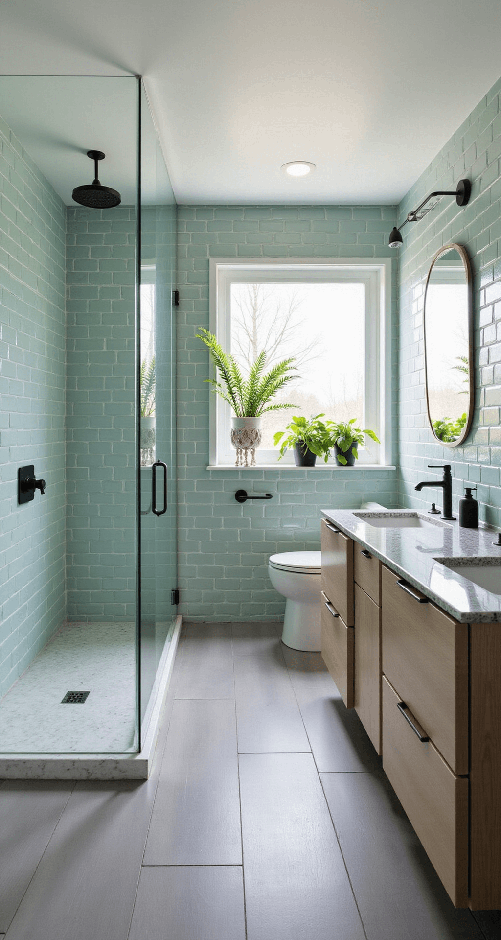 Green Bathroom Decor: Transform Your Space with Serene Natural Vibes Aerial view of a modern master bathroom with mint green subway tiles and white grout, featuring an oversized walk-in shower with glass enclosure and matte black fixtures, dual floating vanities in bleached oak with honed granite tops, hanging pothos plants, grey vinyl flooring, and a bright atmosphere from natural and recessed lighting.