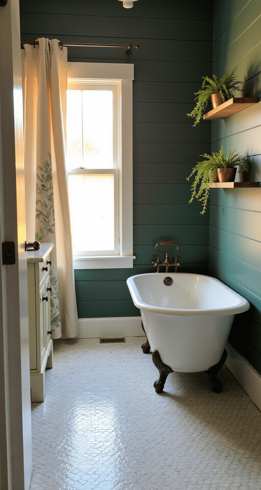 Green Bathroom Decor: Transform Your Space with Serene Natural Vibes Cozy bathroom featuring forest green shiplap walls, vintage clawfoot tub with oil-rubbed bronze fixtures, white penny tile flooring, and Victorian-style cream vanity with marble top; Boston ferns in copper planters, linen botanical shower curtain, and golden hour light filtering through sheer curtains, viewed from doorway.