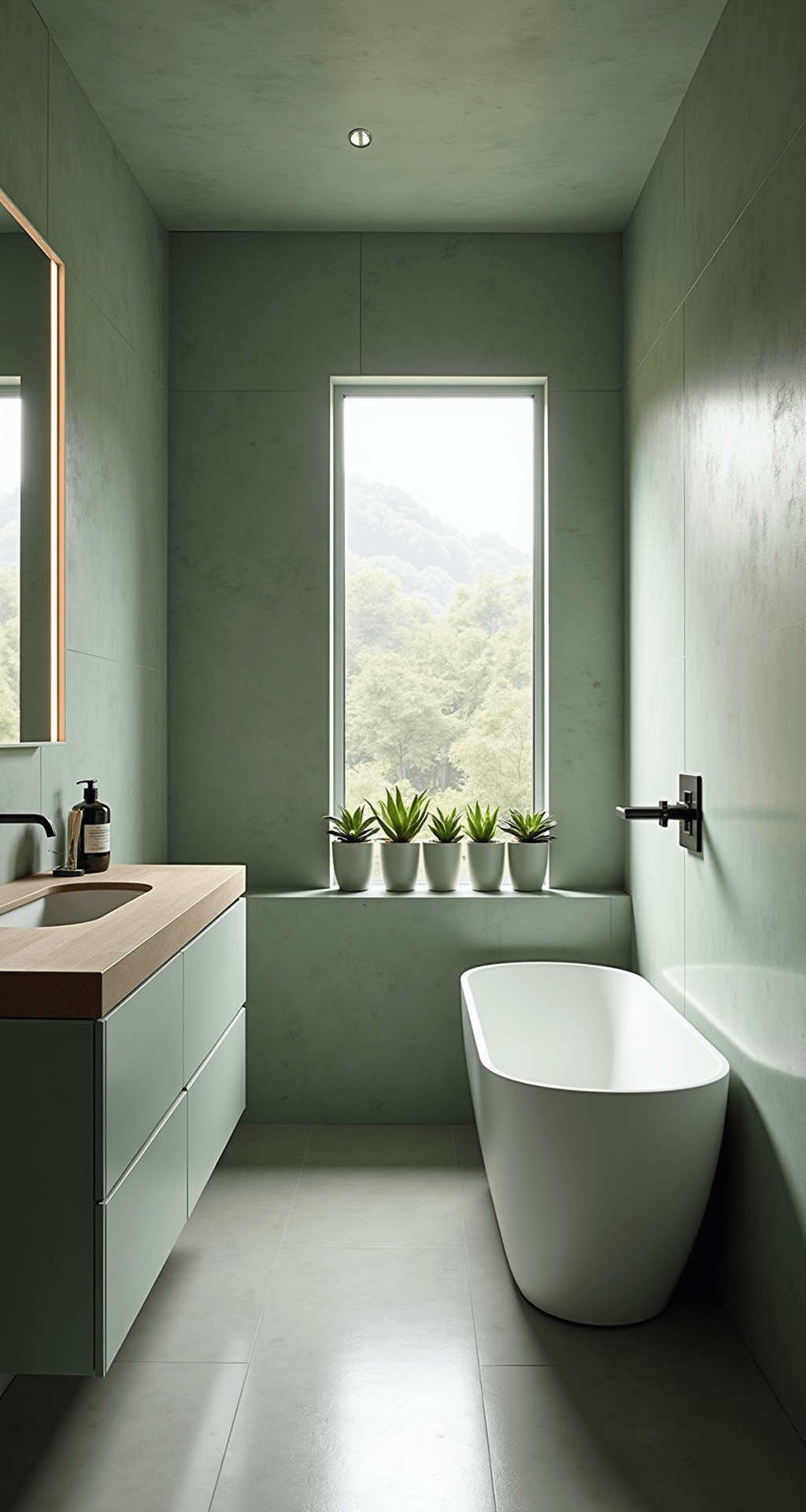 Green Bathroom Decor: Transform Your Space with Serene Natural Vibes Minimalist bathroom with sage green concrete walls and matching floating vanity, featuring a freestanding white soaking tub, floor-to-ceiling window with privacy film, and wall-mounted succulent planters, all highlighted by large-format grey porcelain tiles and a frameless mirror with LED lighting, captured in soft diffused natural light.