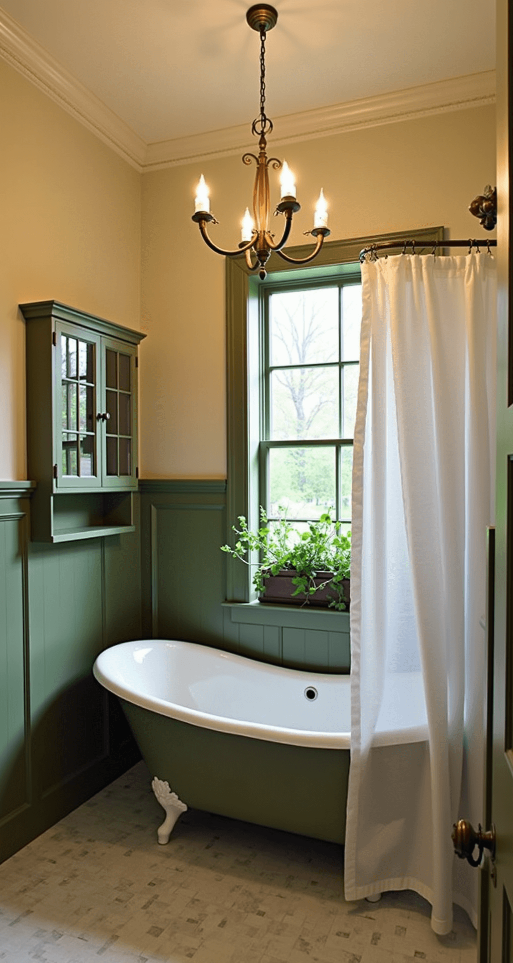 Green Bathroom Decor: Transform Your Space with Serene Natural Vibes A traditional bathroom featuring olive green wainscoting and cream upper walls, with an antique brass chandelier above a pedestal tub, a built-in linen cabinet, trailing ivy in a window box, marble basketweave floor tiles, and a curved shower rod with a white linen curtain, all illuminated by warm artificial lighting.
