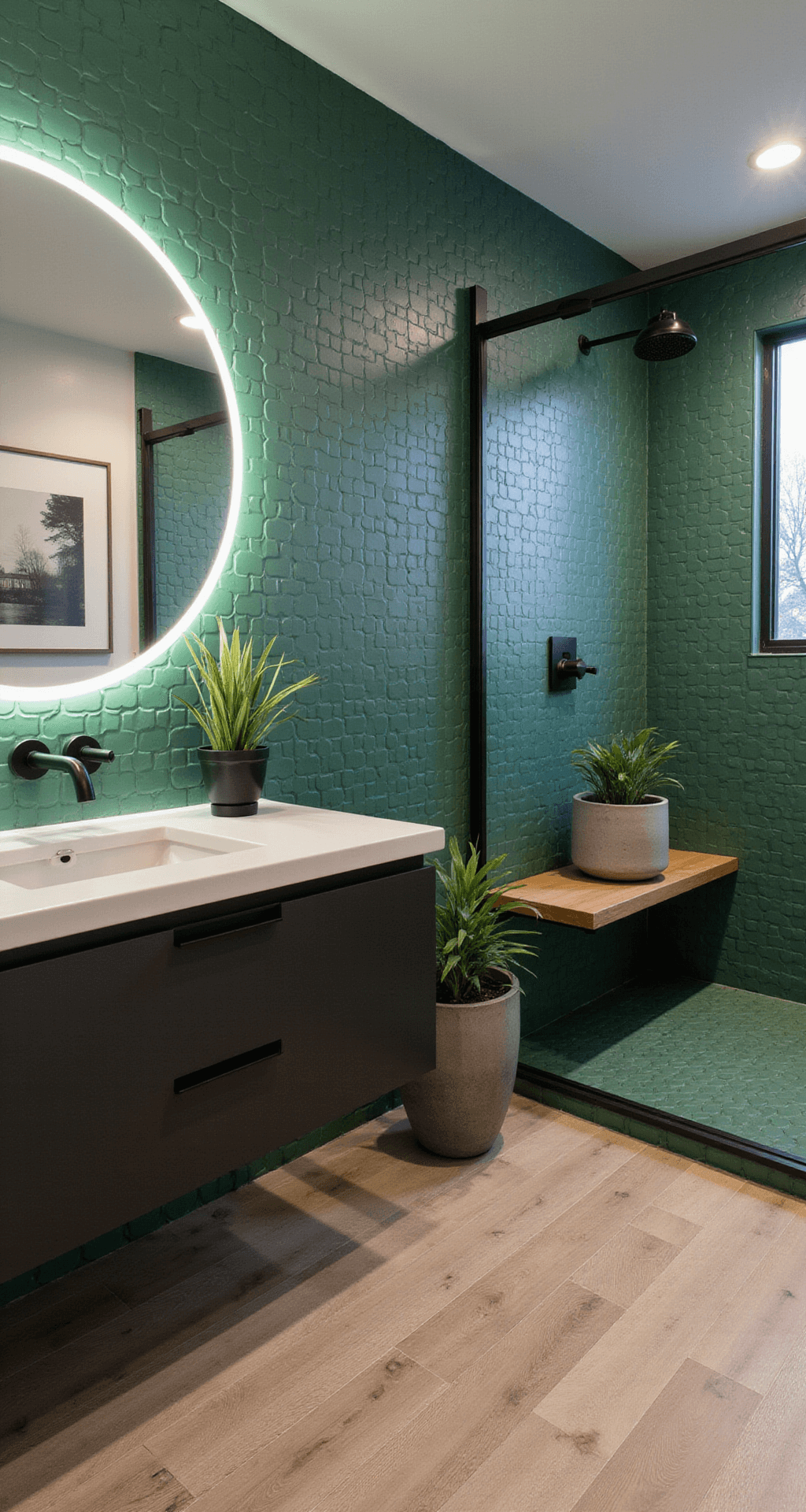 Green Bathroom Decor: Transform Your Space with Serene Natural Vibes Contemporary bathroom featuring hunter green geometric accent tiles behind a floating vanity, an oversized round LED-backlit mirror, matte black fixtures, ZZ plants in concrete planters on a teak shower bench, light oak luxury vinyl flooring, and a glass partition for a walk-in shower, all captured in a wide-angle shot highlighting the tile pattern and modern, sophisticated atmosphere.