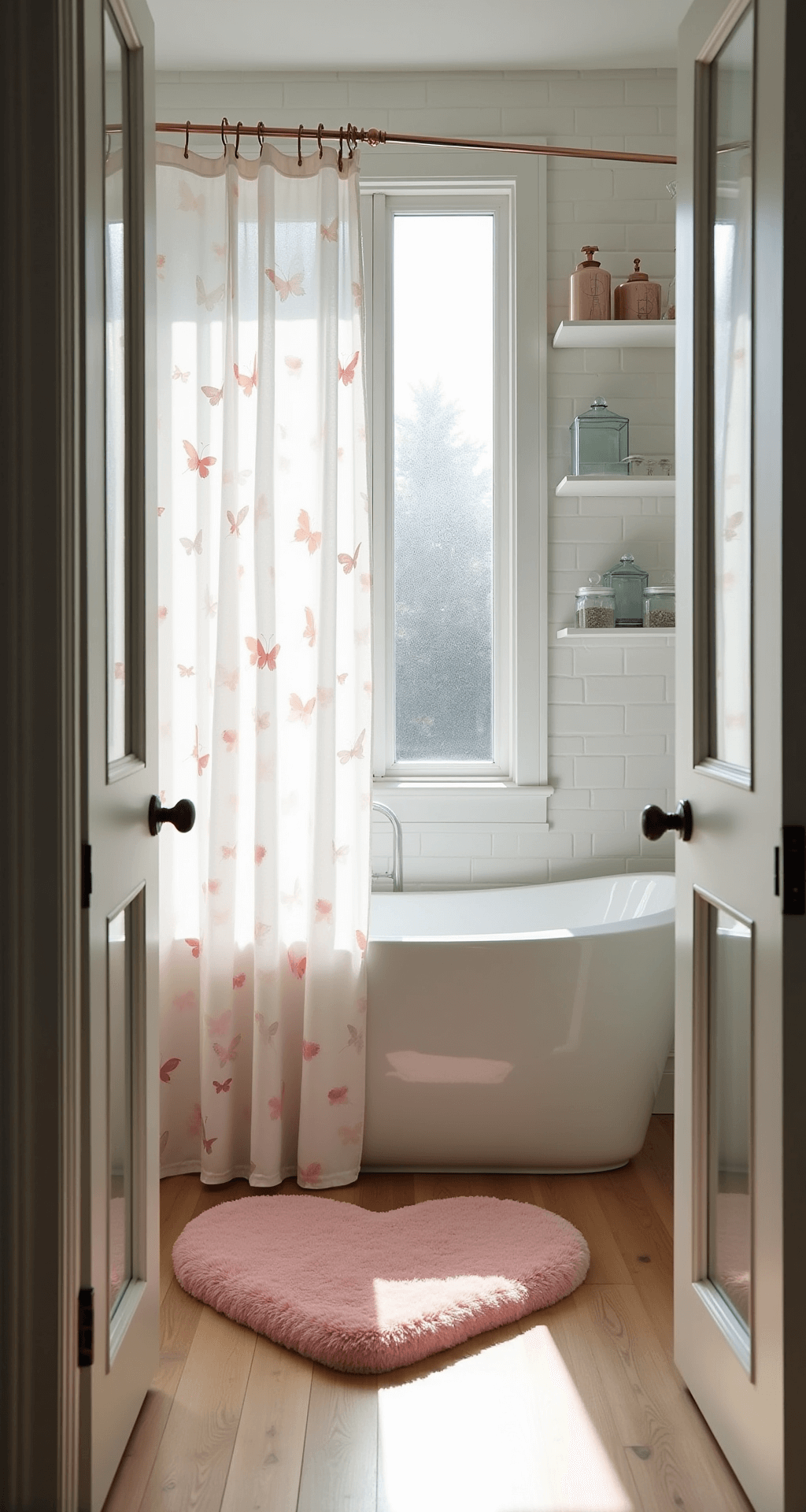 Cute Bathroom Decor: Transform Your Space with Playful Charm A sunlit modern bathroom features white subway tiles, a pink heart-shaped bath mat, and light oak flooring, with delicate watercolor butterfly shower curtains and rose gold-accented glass containers on floating shelves, captured through French doors at eye level.