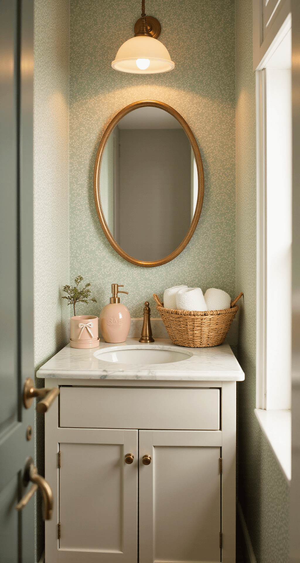 Cute Bathroom Decor: Transform Your Space with Playful Charm An intimate powder room featuring vintage floral wallpaper in mint, a brass-framed oval mirror, blush pink ceramic accessories, and a woven basket with white towels, captured in warm golden hour light from a low corner angle.