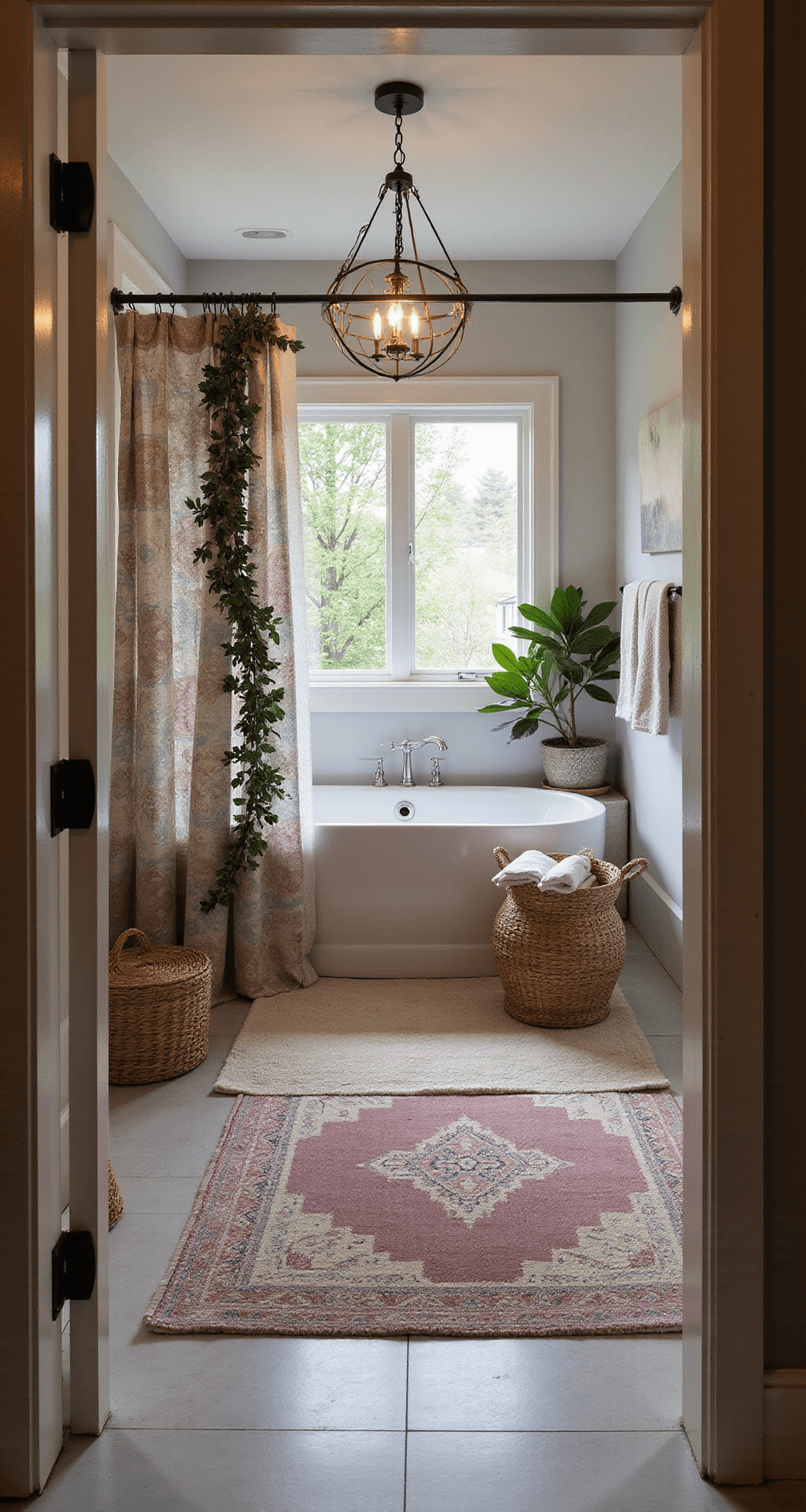 Cute Bathroom Decor: Transform Your Space with Playful Charm A spacious 10x12ft master bathroom at dusk featuring a freestanding white tub under a modern chandelier adorned with a cascading eucalyptus garland, a boho patchwork shower curtain in muted pastels, layered tribal rugs in cream and dusty rose, rattan storage baskets, and a potted fiddle leaf fig, all captured in moody evening lighting with warm accent lights from a wide-angle perspective at the doorway.