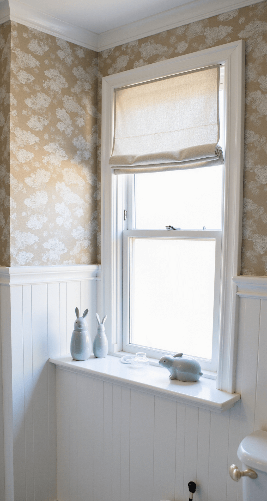 Cute Bathroom Decor: Transform Your Space with Playful Charm Cozy 7x9ft guest bathroom featuring white wainscoting and cloud-print wallpaper, with bunny-themed ceramic accessories on a lucite tray, a double-layer window treatment, and natural diffused lighting.