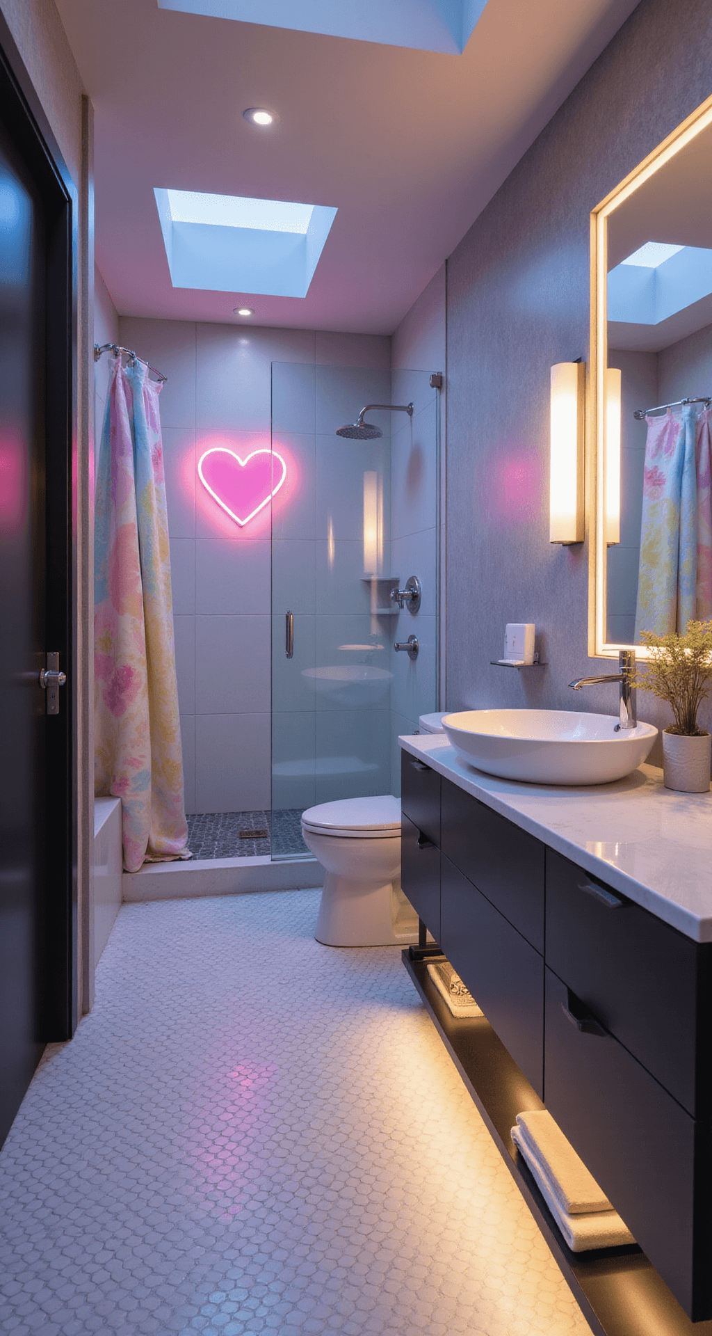 Cute Bathroom Decor: Transform Your Space with Playful Charm Contemporary bathroom featuring hexagon white and grey tiles, oversized glass shower, Kawaii-inspired pastel rainbow decor, neon heart wall sign, and floating vanity with undermount lighting, captured at twilight with mixed lighting.