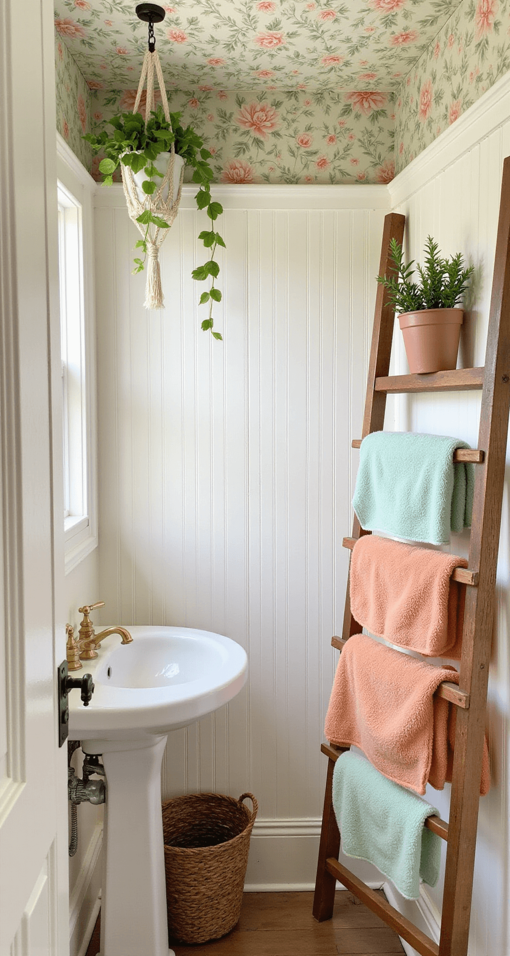 Cute Bathroom Decor: Transform Your Space with Playful Charm A charming 8x8ft bathroom bathed in morning light, featuring soft cream beadboard walls, floral ceiling wallpaper, a vintage pedestal sink with brass fixtures, macramé plant holders with trailing pothos, and a woven storage ladder displaying rolled Turkish towels in peach and mint, captured from the doorway at a slight angle.