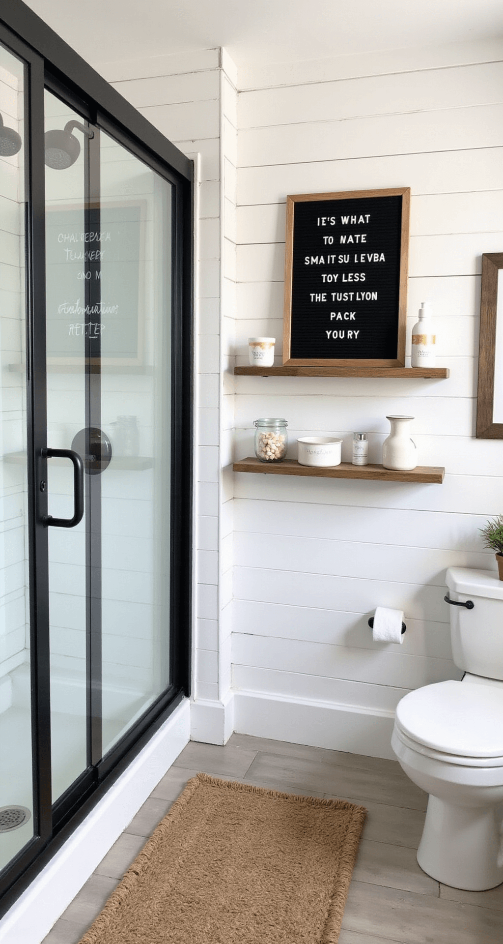 Cute Bathroom Decor: Transform Your Space with Playful Charm A bright and airy modern farmhouse bathroom featuring shiplap walls, black-framed shower doors, and a letterboard with quotes on floating wood shelves, accented by white ceramic accessories with gold touches and an oversized jute rug, captured from a high angle.