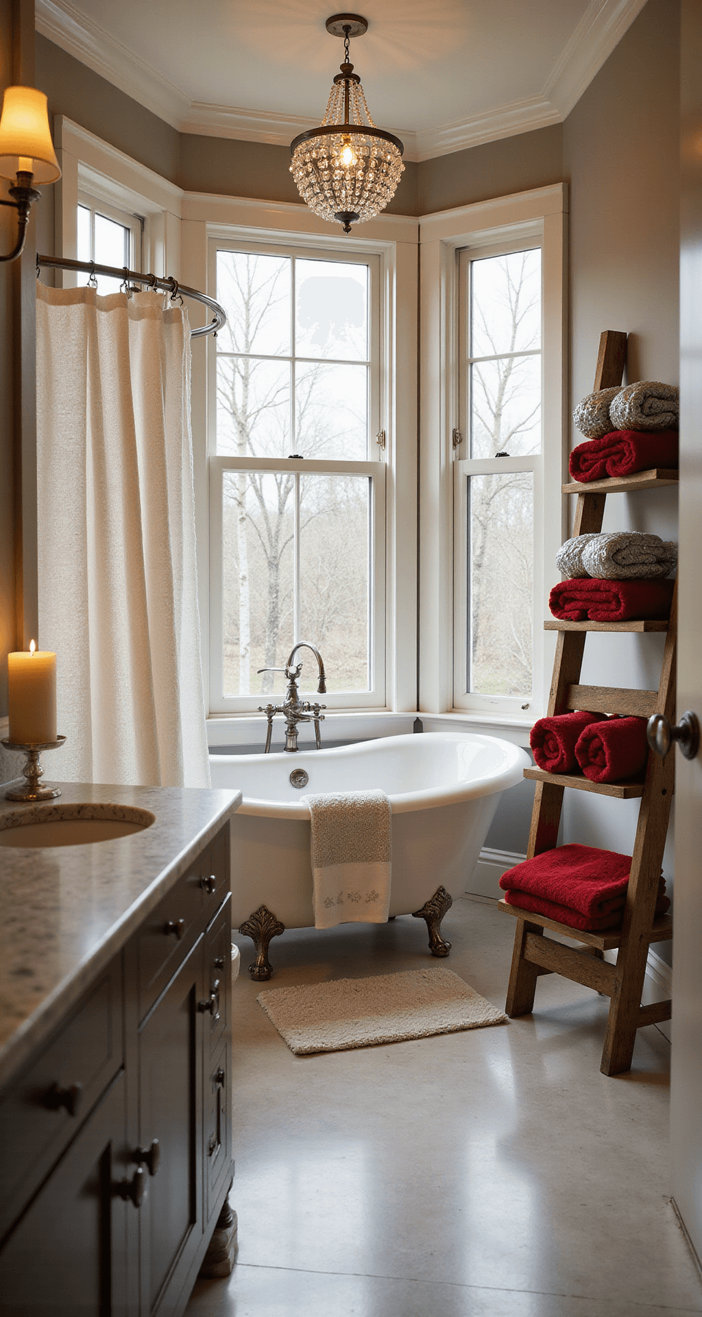 Festive Bathroom Christmas Decor: Transform Your Space with Holiday Cheer A luxurious master bathroom featuring marble countertops, mercury glass candle holders with ivory candles, a freestanding tub draped with a holiday shower curtain, and rolled towels on a vintage wooden ladder, all illuminated by warm afternoon light and crystal snowflake ornaments reflecting from a chandelier.