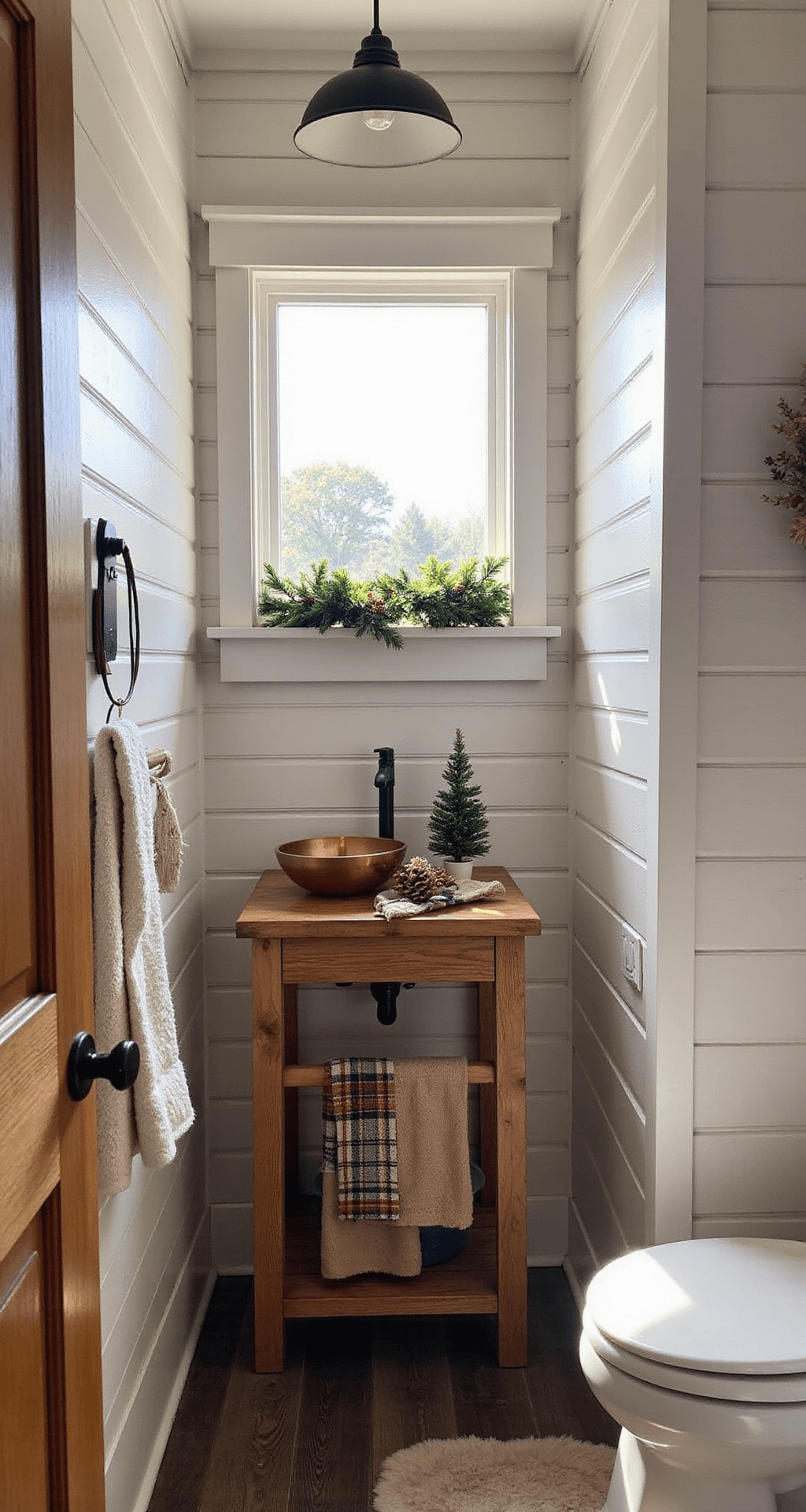 Festive Bathroom Christmas Decor: Transform Your Space with Holiday Cheer A cozy 6x8ft powder room with warm greige shiplap walls, a rustic wooden vanity with a copper vessel sink, and natural light from a small window adorned with pine garland, featuring burlap and plaid hand towels and a preserved pine wreath.