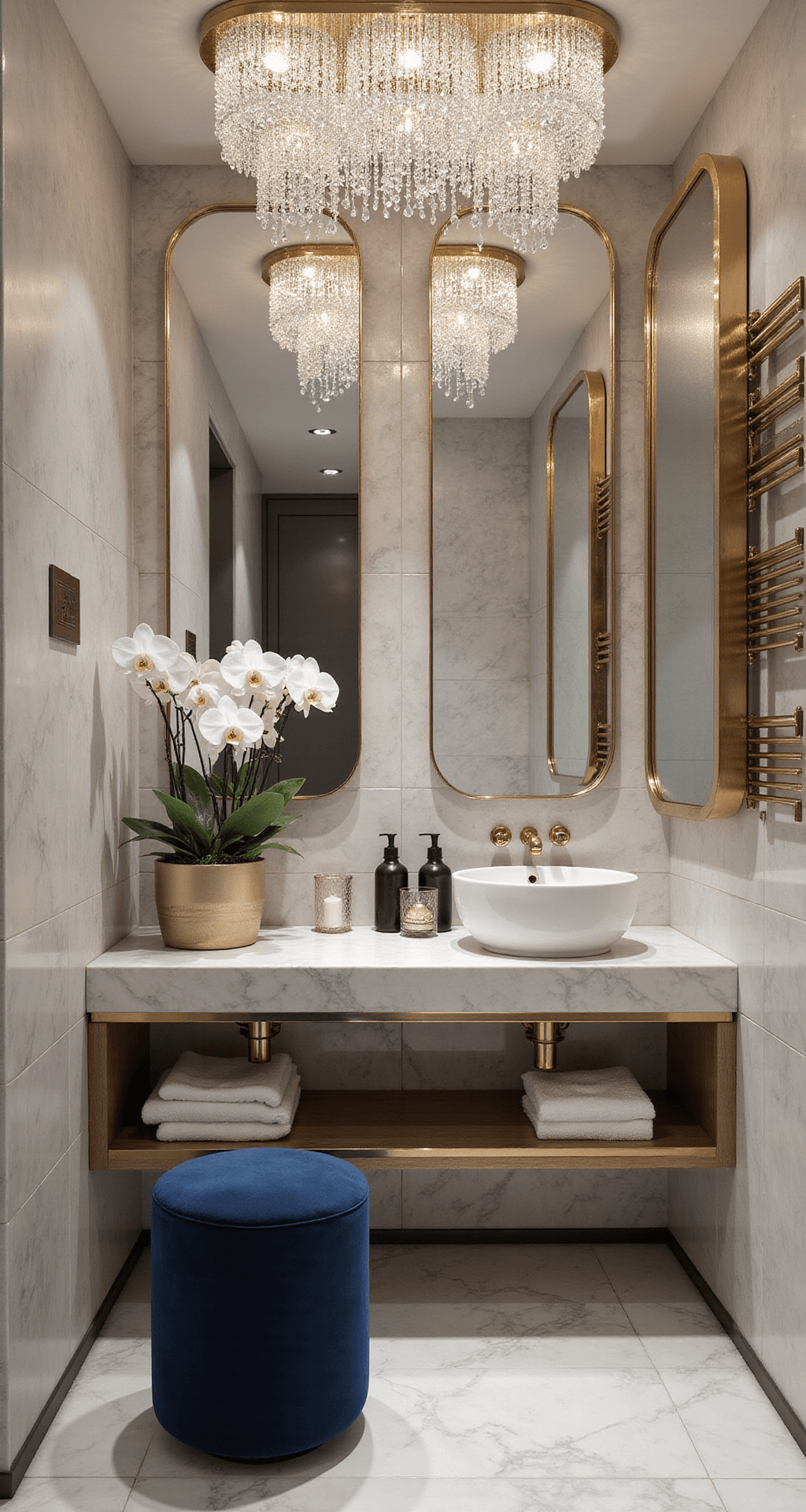 Festive Bathroom Christmas Decor: Transform Your Space with Holiday Cheer A modern luxury bathroom featuring floor-to-ceiling marble tiles, a navy blue velvet stool, a floating vanity with gold-rimmed mirrors, and artistic arrangements of white orchids and metallic Christmas balls, lit by cascading crystal droplet lights.