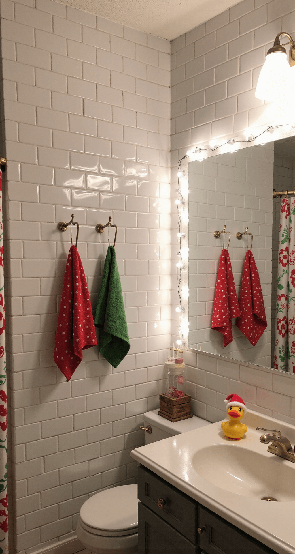 Festive Bathroom Christmas Decor: Transform Your Space with Holiday Cheer A whimsical kids' bathroom featuring white subway tiles, a playful elf-themed shower curtain, red and green polka dot towels, and fairy lights framing the mirror. A rubber ducky in a Santa hat rests on the edge of the bathtub, captured from a child's eye level with a slight background blur.