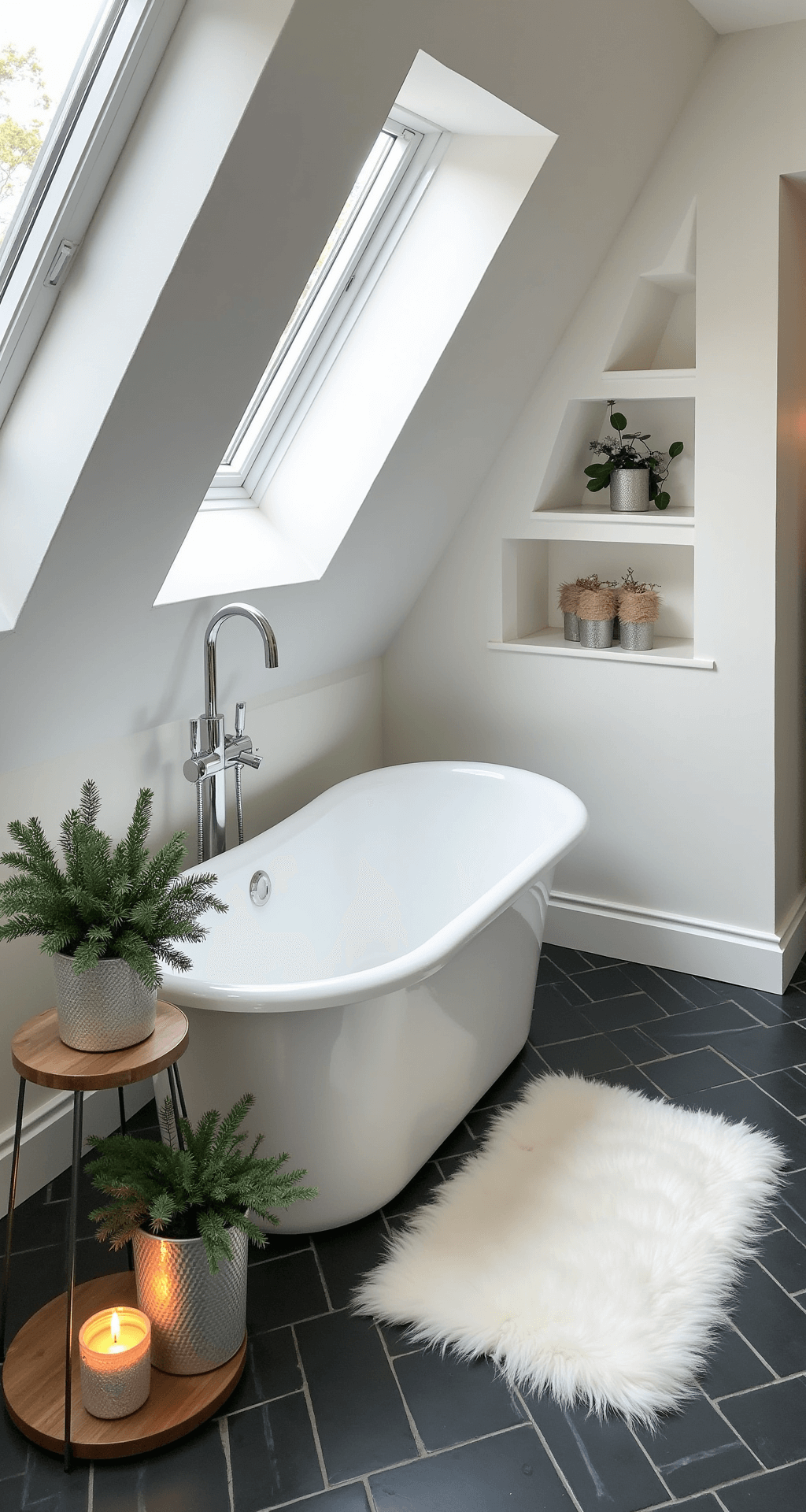 Festive Bathroom Christmas Decor: Transform Your Space with Holiday Cheer A luxurious 15x20ft bathroom featuring a freestanding soaking tub under skylights, dark herringbone floor tiles, white faux fur bath mats, evergreen sprigs in silver mercury glass containers, and flameless candles, captured from an elevated angle with natural daylight and soft fill for clarity.