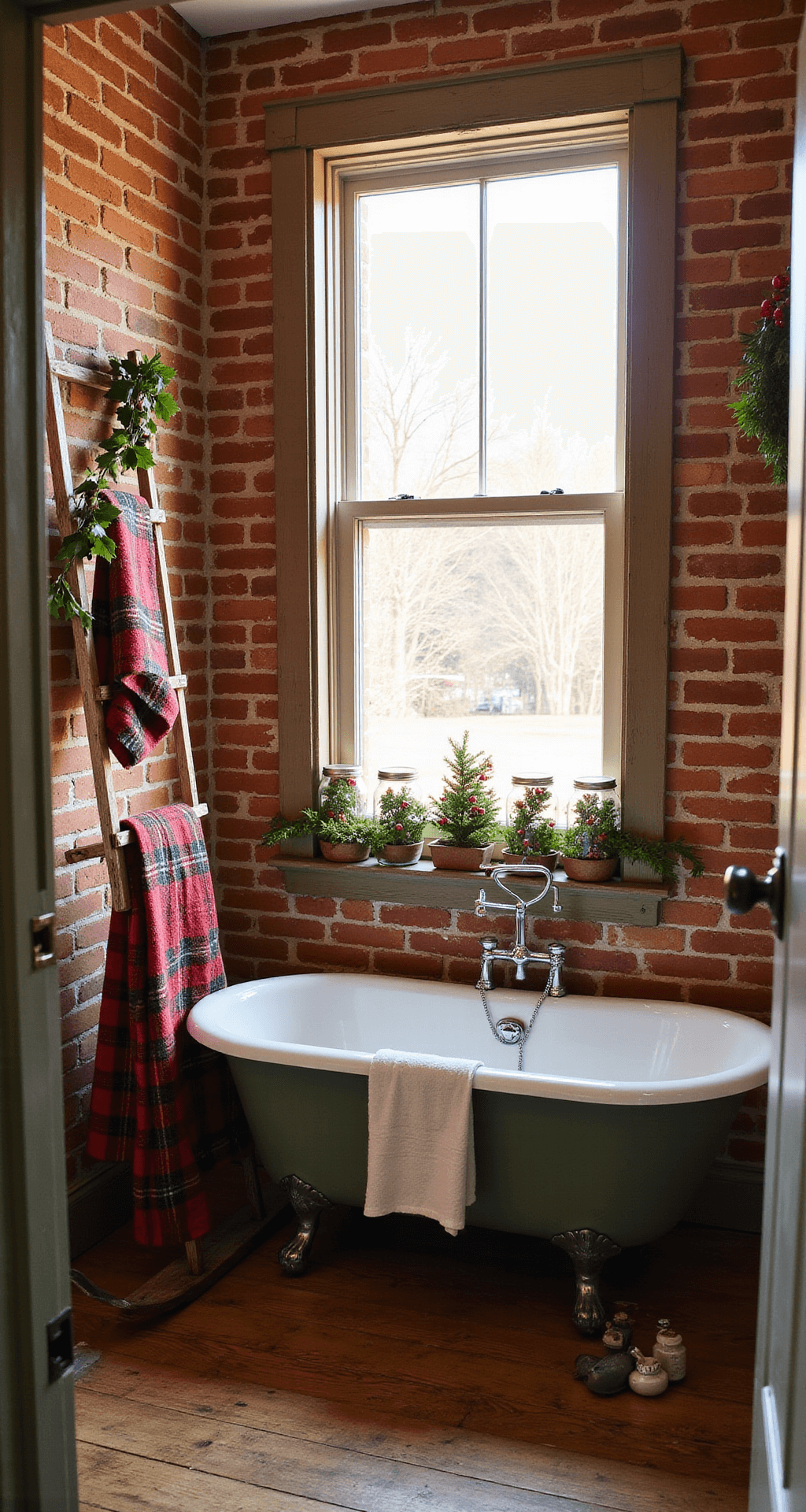 Festive Bathroom Christmas Decor: Transform Your Space with Holiday Cheer A vintage farmhouse bathroom featuring an exposed brick accent wall, an antique clawfoot tub, traditional red and green plaid towels on a weathered ladder, mason jars with holly berries on the window sill, and a vintage sled repurposed as a shelf, all captured in warm golden hour light from the doorway with a wide-angle perspective.