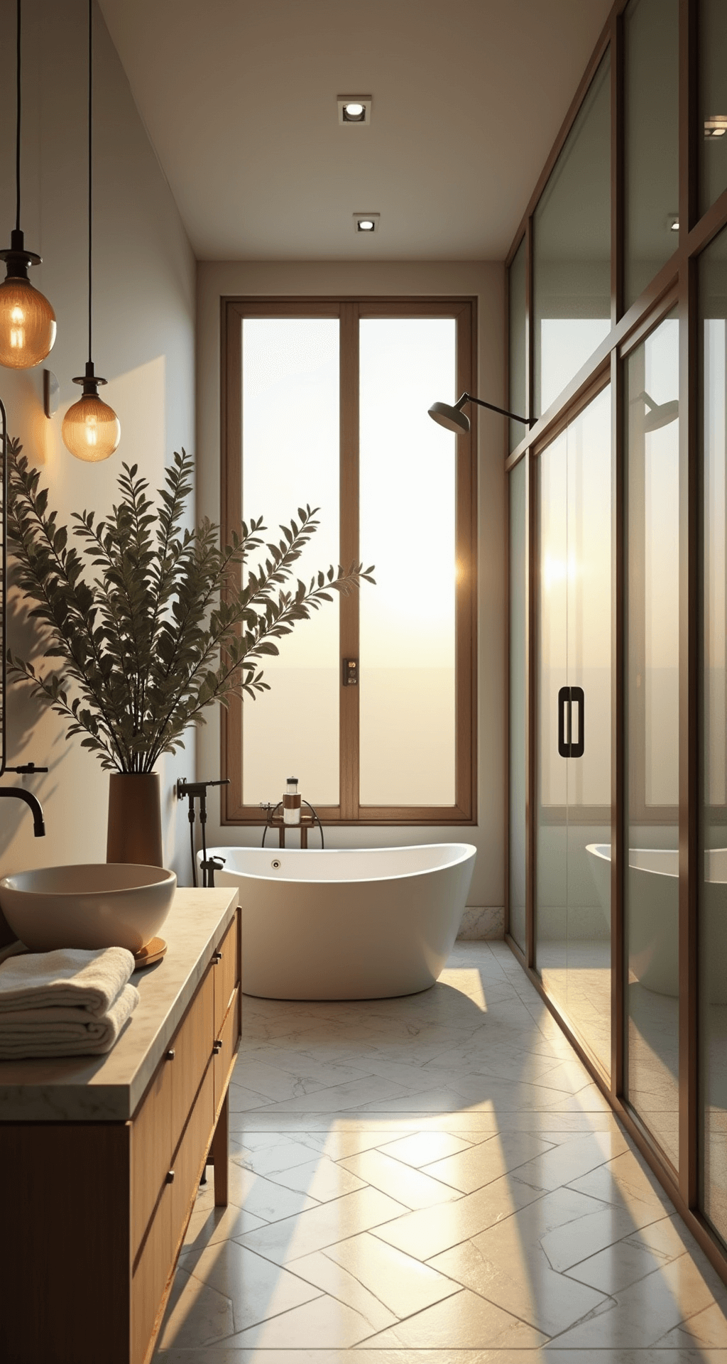 Bathroom Decor Inspiration 2025: Creating Your Personal Sanctuary A serene spa-inspired bathroom with floor-to-ceiling windows, featuring a freestanding oval tub on marble herringbone floors, a rainfall shower behind frosted glass, a natural stone vanity with vessel sink, and warm natural light highlighting an earthy palette of cream, sage, and grays.