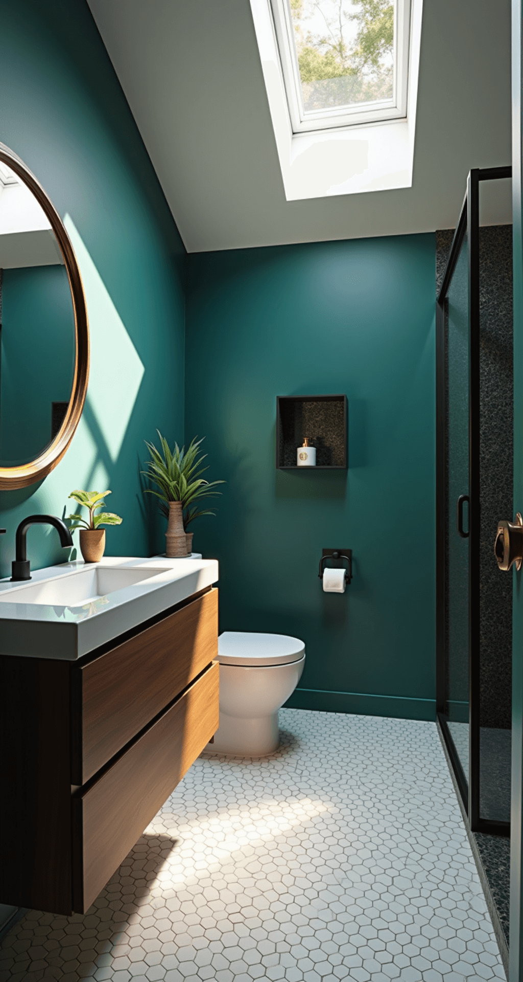Bathroom Decor Inspiration 2025: Creating Your Personal Sanctuary Modern bathroom featuring a dramatic teal accent wall behind a floating walnut vanity, hexagonal gradient floor tiles, and a glass shower enclosure. Late afternoon light creates geometric shadows through skylights, highlighting matte black fixtures and a circular LED-backlit mirror. Decorated with brass accessories and tropical plants, the space showcases a rich jewel-toned color palette.