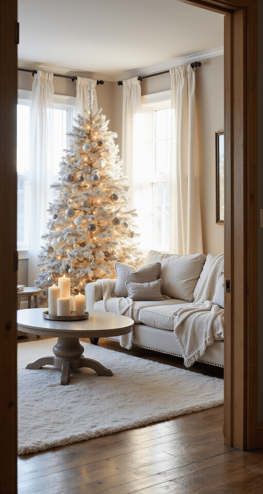 A serene and luxurious living room at golden hour, featuring a 9ft flocked white Christmas tree, a plush cream sectional with chunky knit throws, and a soft white area rug over weathered oak floors, with sunlight filtering through sheer curtains and LED candles on a brushed silver coffee table.
