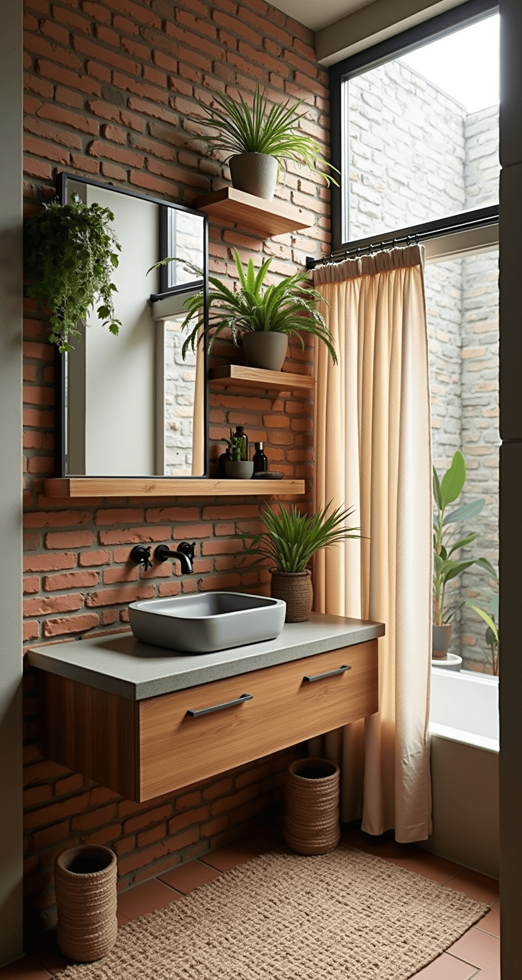 Bathroom Decor Inspiration 2025: Creating Your Personal Sanctuary An eco-conscious bathroom sanctuary featuring an exposed brick accent wall, morning light filtering through privacy glass, and reclaimed wood floating shelves with potted ferns. The sustainable bamboo vanity holds a concrete vessel sink, while a hemp shower curtain in natural beige and a jute rug on terra cotta tiles complete the space. Handmade ceramic accessories in earth tones add to the organic ambiance, captured from a 45-degree angle to emphasize the interplay of materials.