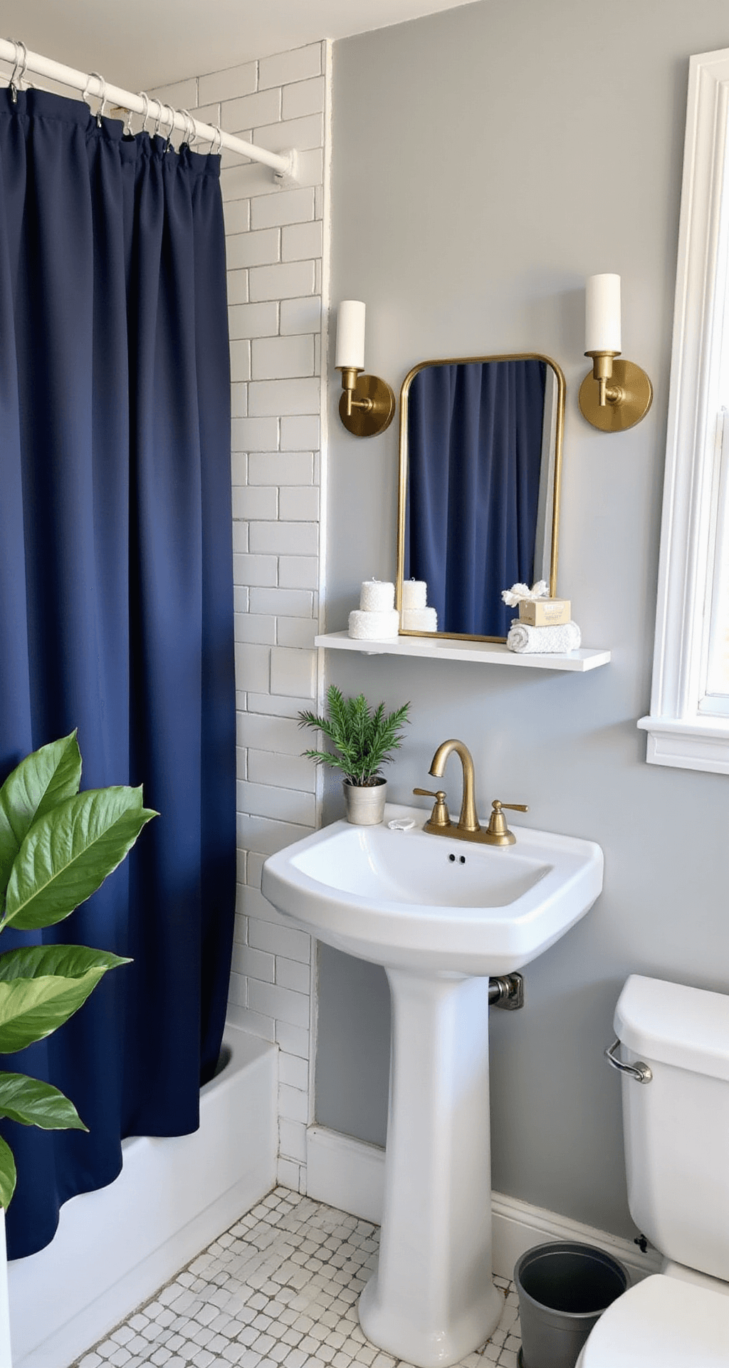 Bathroom Decor Inspiration 2025: Creating Your Personal Sanctuary A cozy bathroom refresh featuring dove gray walls, white subway tile, and a navy blue shower curtain, accented by floating white shelves with soap bars and towels, a brass mirror, wall sconces, and a fiddle leaf fig in the corner, all softly lit in the afternoon glow.