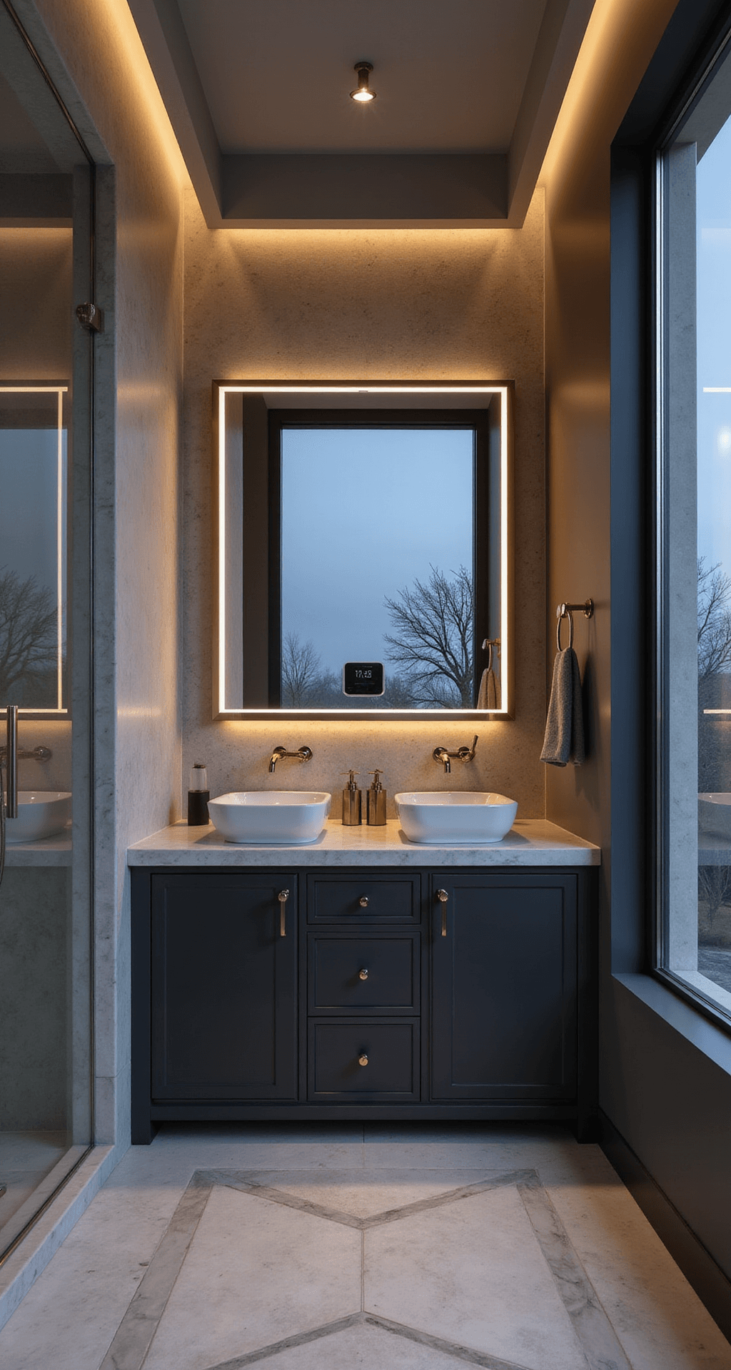 Bathroom Decor Inspiration 2025: Creating Your Personal Sanctuary Contemporary master bathroom featuring a smart mirror above a matte charcoal double vanity, heated marble floors with geometric inlay, a floor-to-ceiling book-matched porcelain shower wall, champagne gold fixtures, and ambient cove lighting, all set in a cool-toned twilight palette.