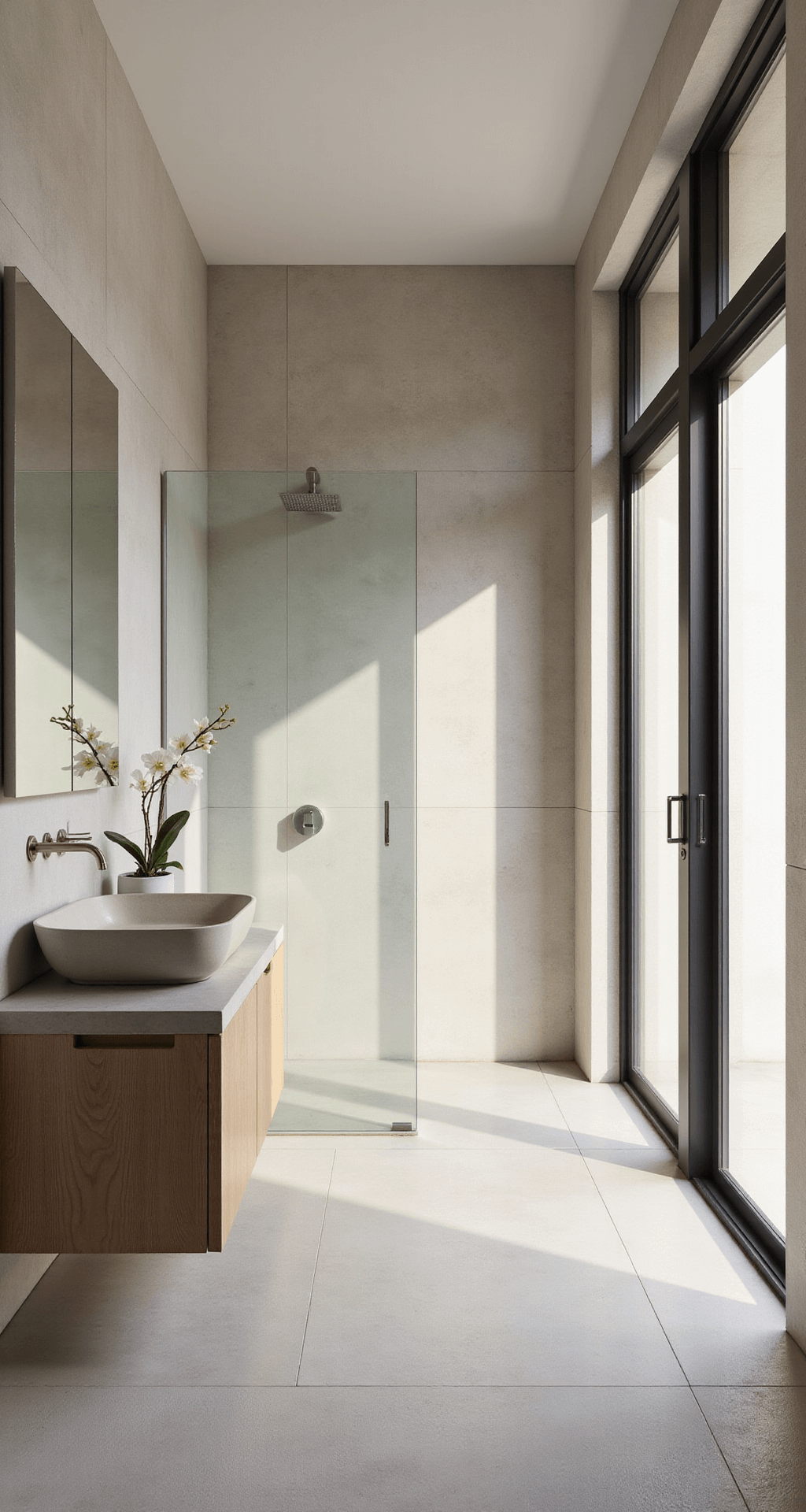 Bathroom Decor Inspiration 2025: Creating Your Personal Sanctuary A luxe minimal bathroom featuring a floating concrete vanity with waterfall edges, wall-mounted brushed nickel faucet, and frameless glass shower partition, all illuminated by early morning light and highlighted by soaring 10ft ceilings, warm white textured porcelain tiles, and a bleached oak linen cabinet, styled with a single orchid stem.