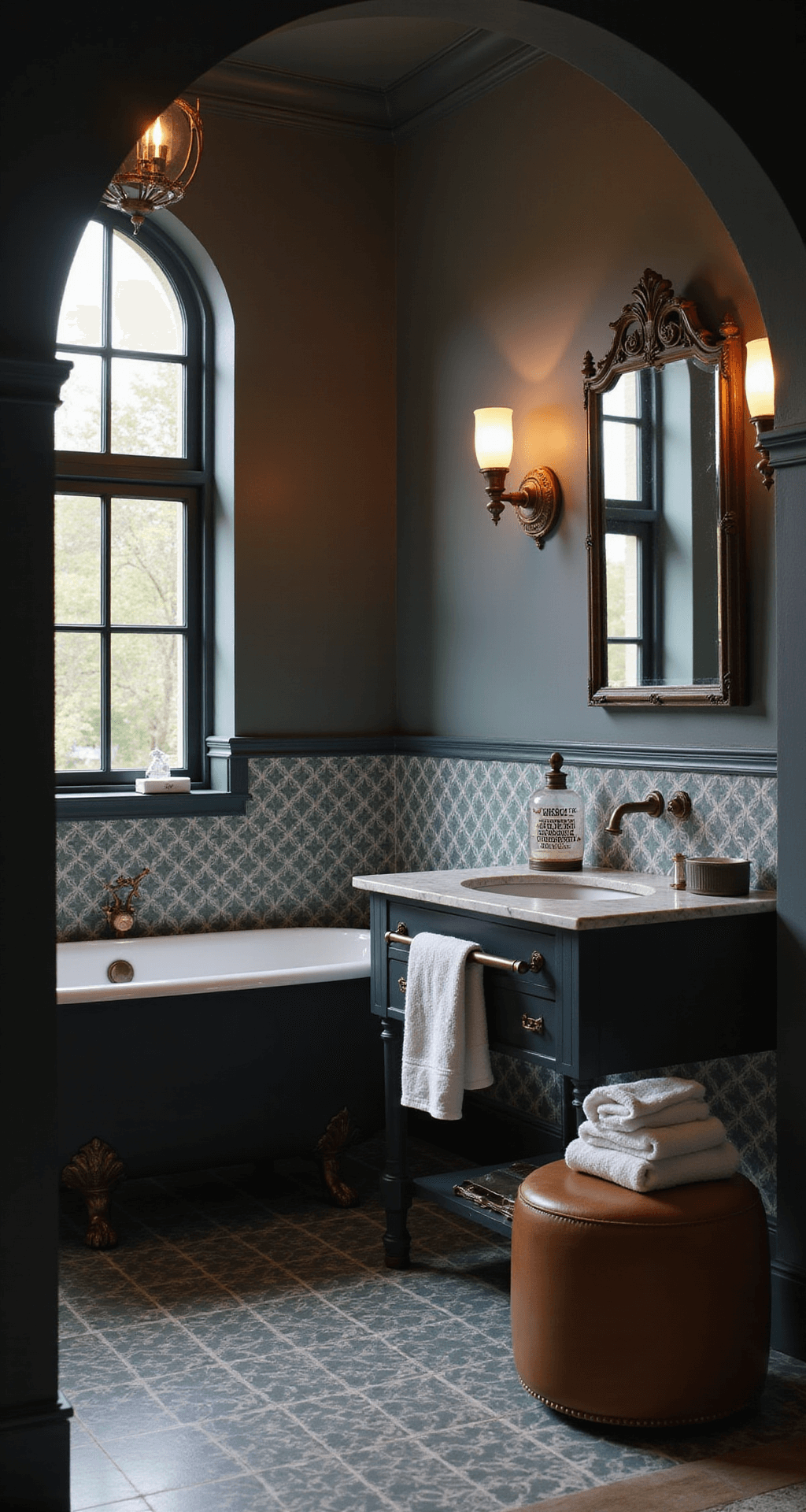 Bathroom Decor Inspiration 2025: Creating Your Personal Sanctuary A cozy vintage-modern fusion bathroom featuring a matte black clawfoot tub against a patterned cement tile wall, illuminated by dusk lighting and antique brass sconces. The space has a Victorian-style mirror above a contemporary floating vanity, and a leather stool holds neatly stacked hand towels. A crystal decanter set is displayed on a marble shelf, with moody jewel tones and metallic accents visible through an archway framing the scene.