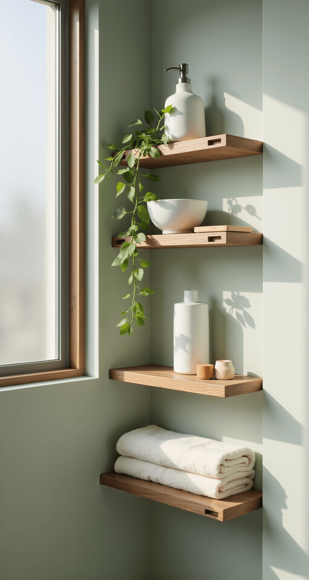 Bathroom Wall Decor Ideas: Transform Your Space with Style and Function A serene modern minimalist bathroom with floating walnut shelves against a soft sage green wall, illuminated by morning sunlight through a frosted window. The shelves hold matte white ceramic vessels, a trailing pothos plant, and bamboo accessories, with Turkish cotton hand towels in cream. The low-angle shot emphasizes the shelf depth and the clean lines and organic textures of the space.