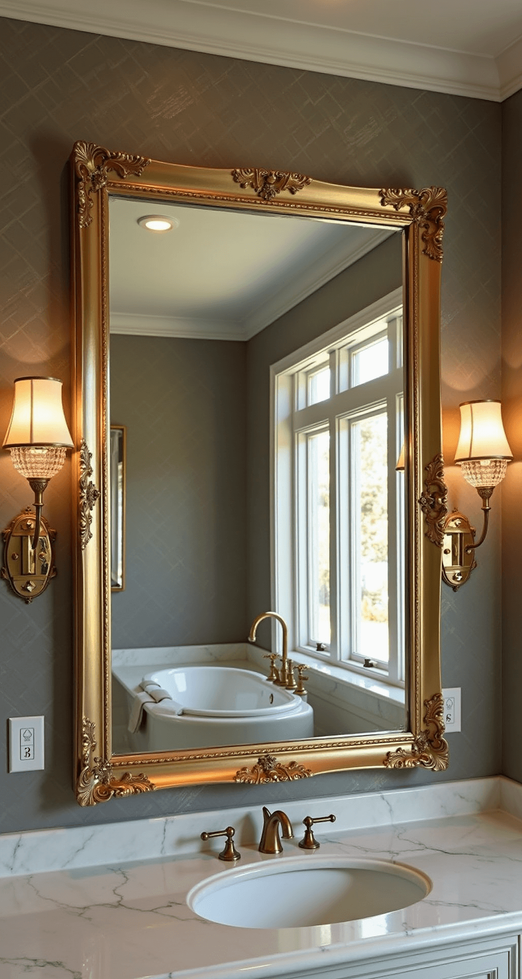 Bathroom Wall Decor Ideas: Transform Your Space with Style and Function Expansive master bathroom with a dramatic oversized gilded mirror, warm gray wallpaper, and crystal sconces, illuminated by late afternoon light filtering through floor-to-ceiling windows.