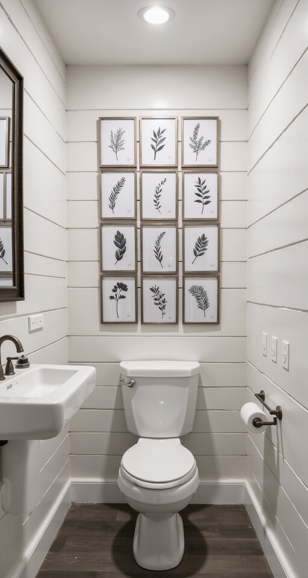 Bathroom Wall Decor Ideas: Transform Your Space with Style and Function Intimate powder room featuring a gallery wall of black and white botanical prints in acrylic frames, with white shiplap walls, a modern floating vanity, and soft recessed lighting, all captured at a 45-degree angle.