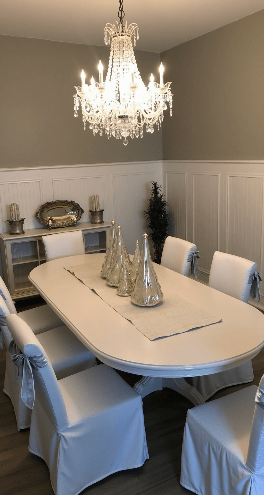 Intimate dining room at dusk featuring a crystal chandelier, oval white oak table with a cream linen runner, and mercury glass tree centerpiece. White slip-covered chairs with silver ribbon ties surround the table, against pale gray walls and white wainscoting. Vintage silver serving pieces and white taper candles adorn the sideboard. Low-angle view highlights the elegant table setting.