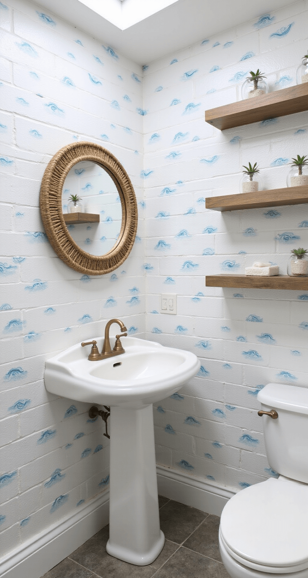 Bathroom Wall Decor Ideas: Transform Your Space with Style and Function Coastal-inspired bathroom with blue wave-pattern wall decals, white subway tiles, round rattan mirror above a pedestal sink, skylight illuminating the space, and air plants in glass globes, captured from a corner angle.
