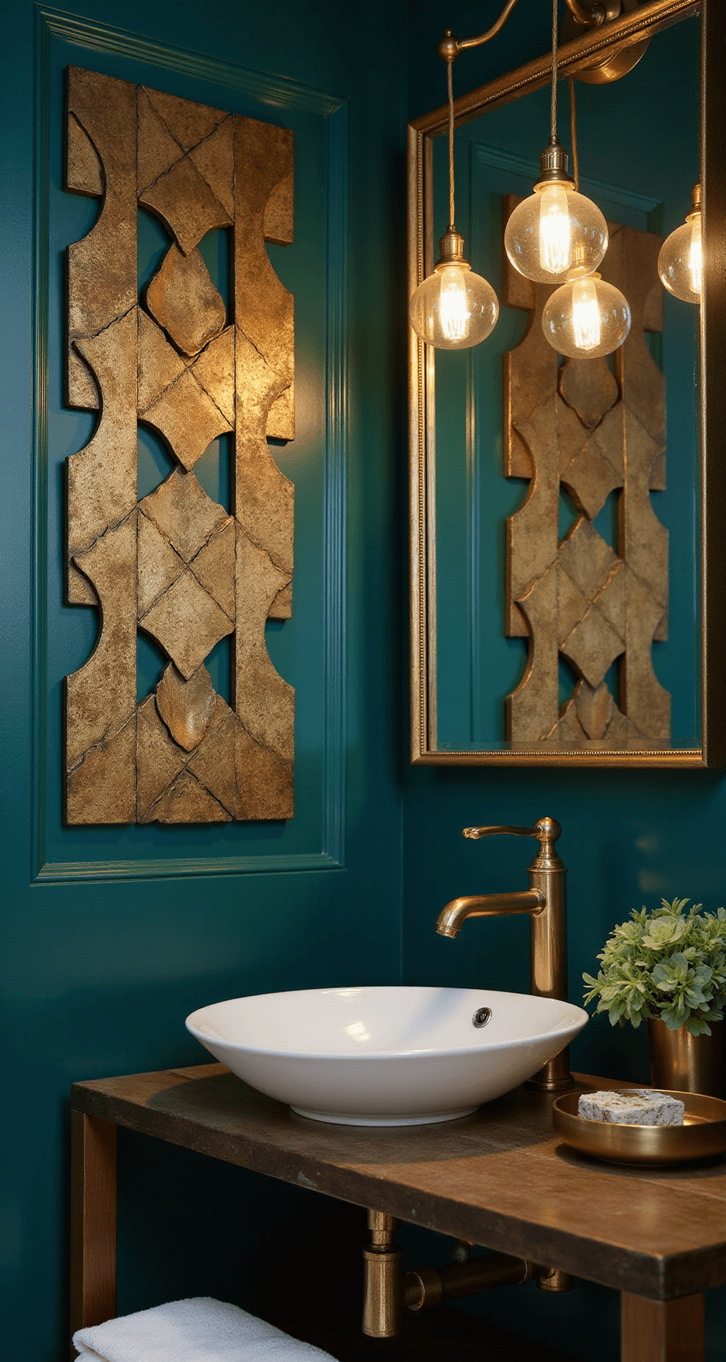 Bathroom Wall Decor Ideas: Transform Your Space with Style and Function Art deco bathroom featuring geometric gold metal wall sculptures on deep teal walls, illuminated by vintage-style globe pendants, with brass fixtures and mirror frames, creating a glamorous atmosphere.