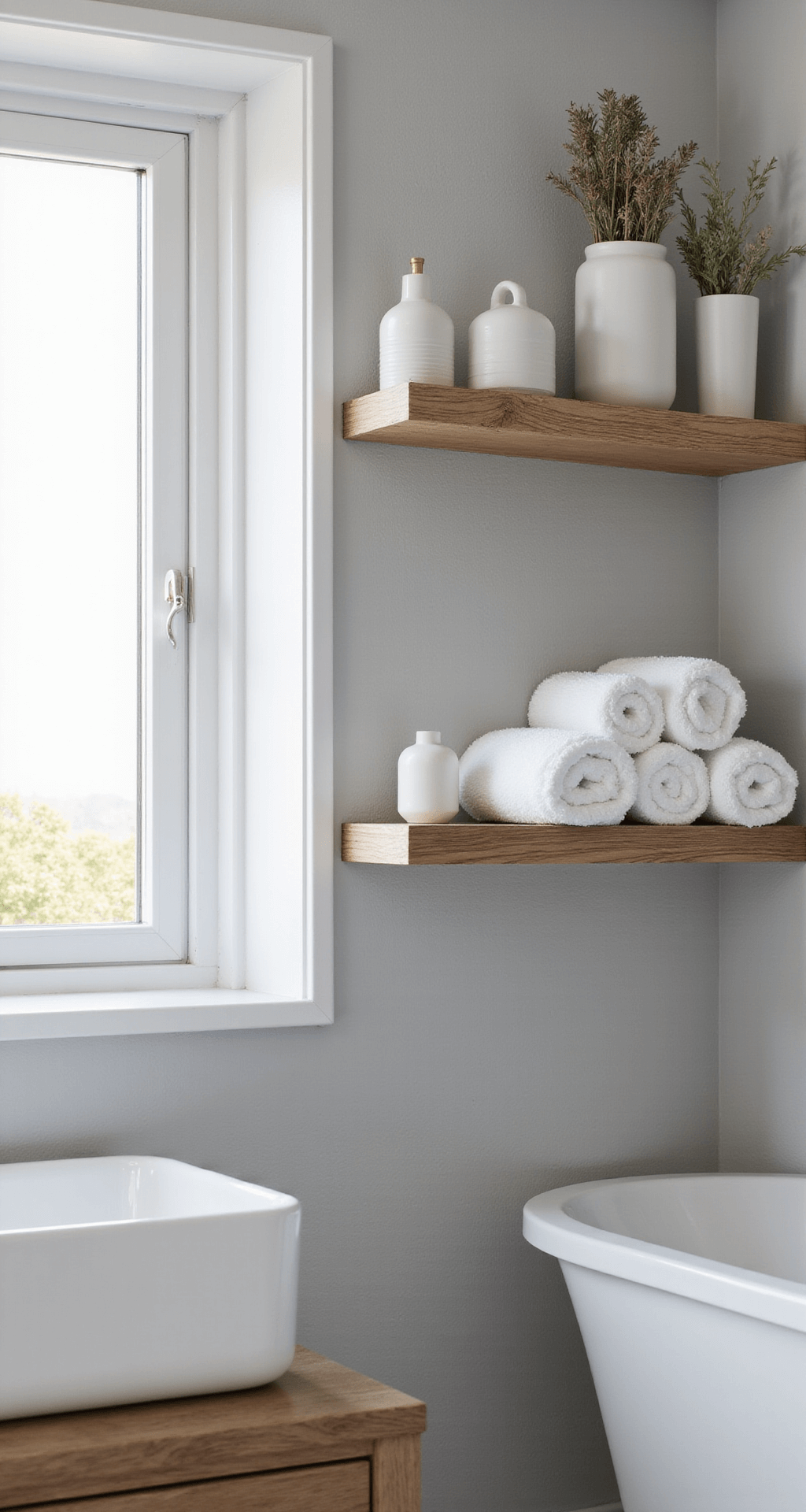 Bathroom Wall Decor Ideas: Transform Your Space with Style and Function A minimalist Scandinavian-style bathroom featuring pale gray textured walls and floating light oak shelves displaying white and gray accessories, ceramic pieces, rolled towels, and preserved botanicals, with morning light streaming through a privacy glass window.