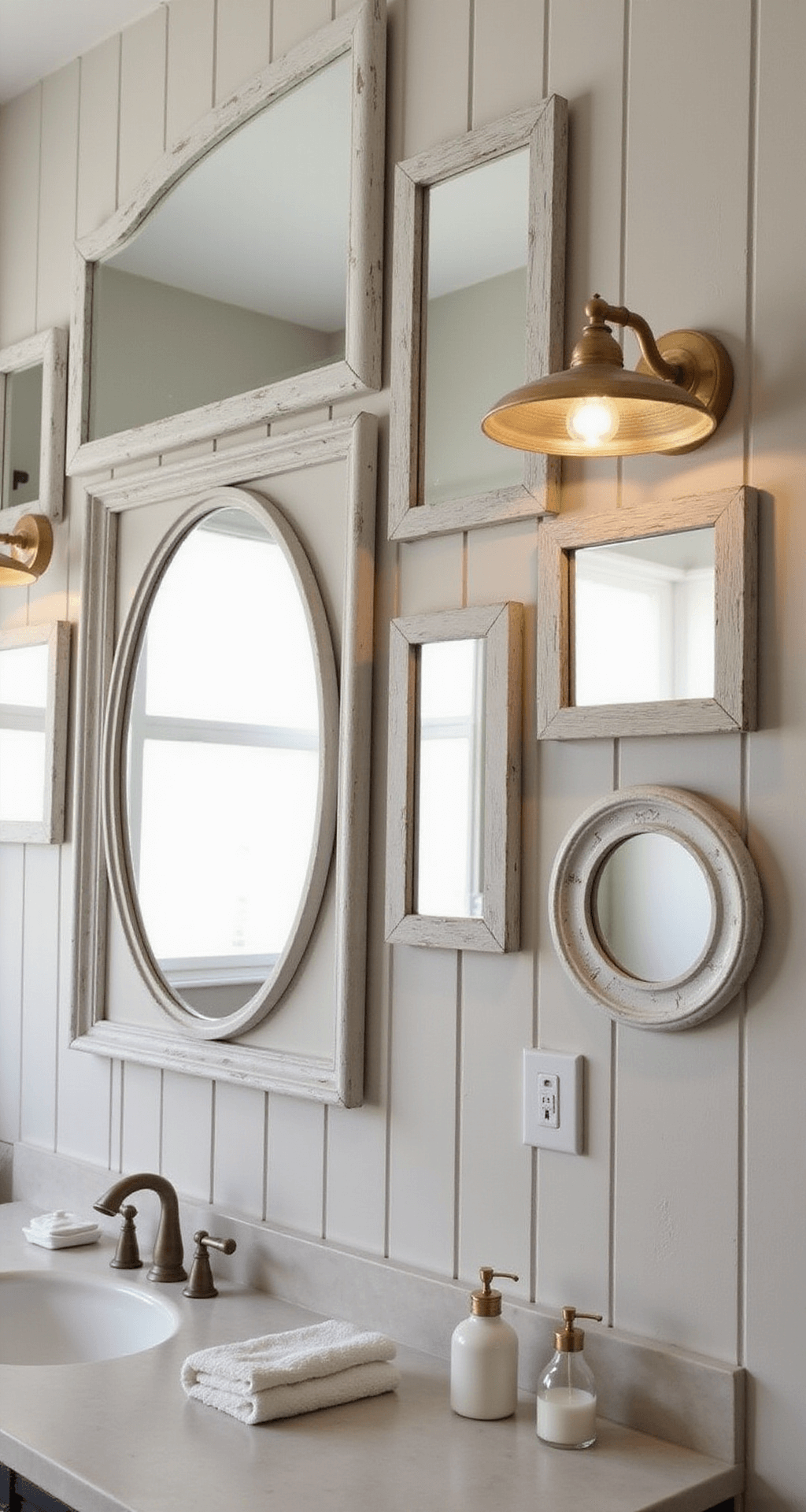 Bathroom Wall Decor Ideas: Transform Your Space with Style and Function Modern farmhouse bathroom with a wall of vintage-style mirrors in weathered white frames, aged brass sconces illuminating light greige board-and-batten walls, captured from an angle showcasing mirror reflections and a warm, rustic atmosphere.