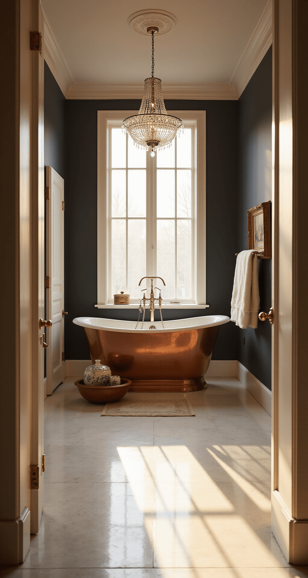 Transforming Your Bathroom into a Luxurious Sanctuary: The Ultimate Decor Guide Spacious primary bathroom featuring a freestanding copper soaking tub, dark accent wall, cream marble floors, and sunlight streaming through frosted windows, with a crystal chandelier and elegant textures.