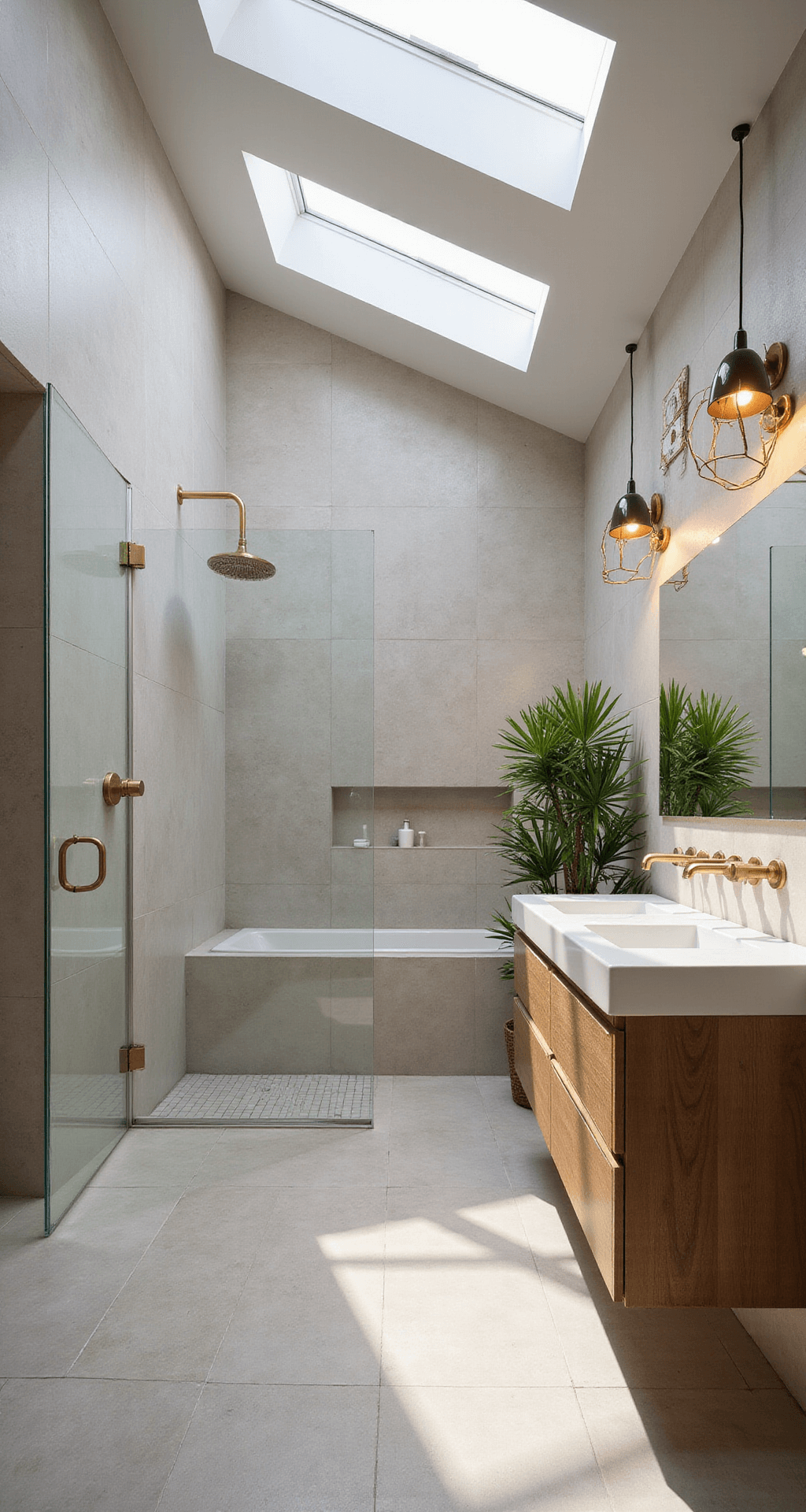 Transforming Your Bathroom into a Luxurious Sanctuary: The Ultimate Decor Guide Modern spa-inspired bathroom with walk-in shower, floating double vanity, and large-format porcelain tile walls, illuminated by skylights and featuring minimalist brass fixtures and palm fronds.