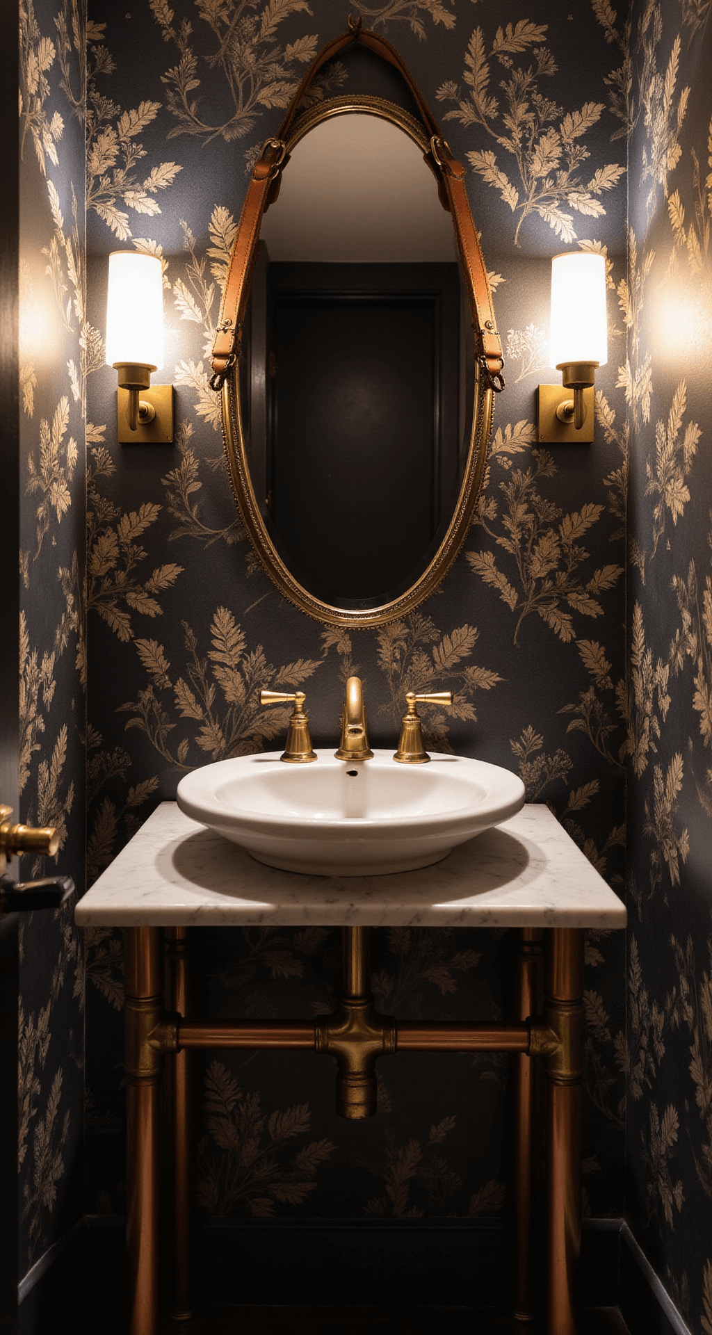 Transforming Your Bathroom into a Luxurious Sanctuary: The Ultimate Decor Guide A cozy 6x8ft powder room at twilight, featuring dramatic metallic botanical wallpaper illuminated by antique brass sconces, with a round mirror above a compact marble console sink and exposed copper fixtures, all captured in a symmetrical composition with a moody atmosphere.