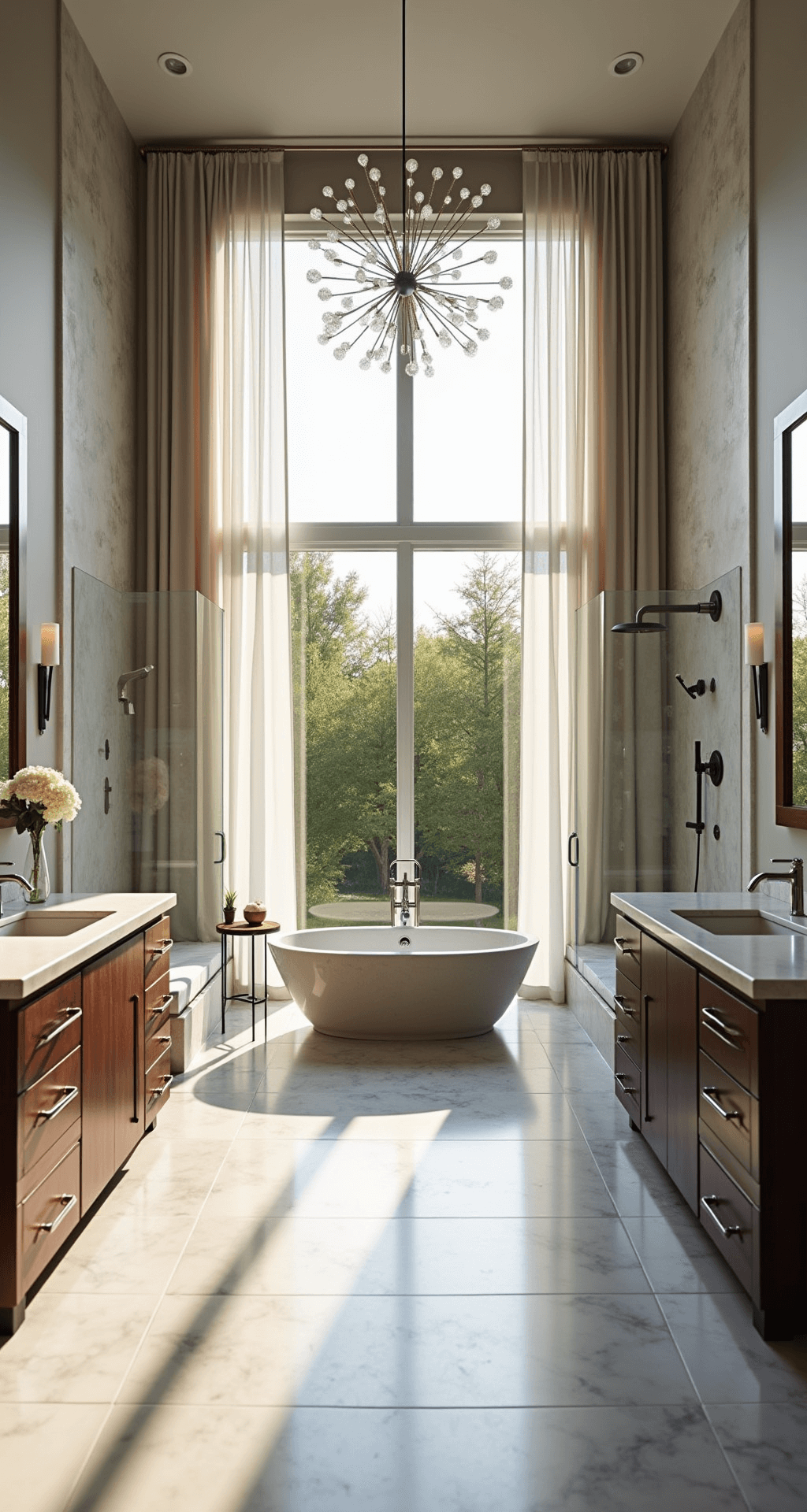 Transforming Your Bathroom into a Luxurious Sanctuary: The Ultimate Decor Guide Luxurious 15x20ft master bathroom at dawn featuring double-height windows with sheer linen panels, an oversized marble shower, his-and-hers dark walnut vanities with backlit mirrors, and a freestanding stone tub beneath a modern sputnik chandelier, captured from an elevated angle.