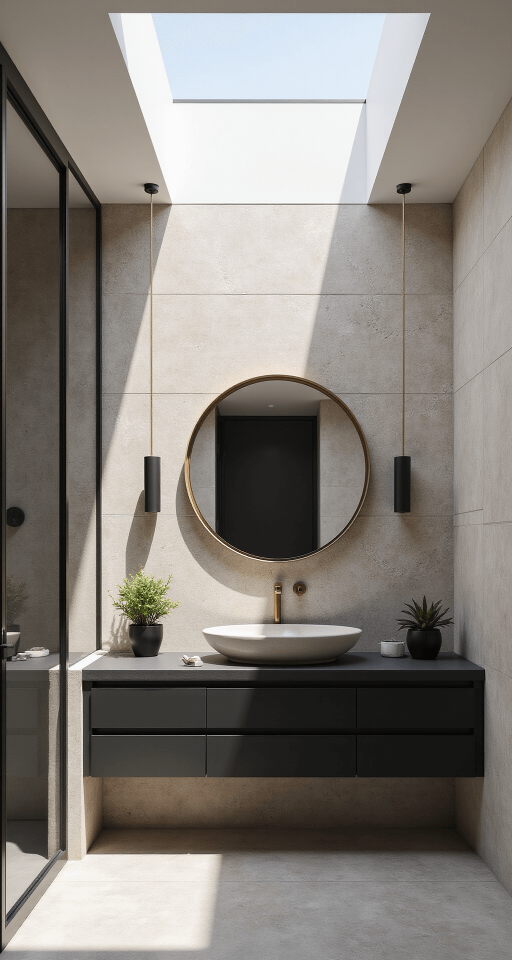 Transforming Your Bathroom into a Luxurious Sanctuary: The Ultimate Decor Guide Contemporary bathroom featuring textured limestone walls, a matte black floating vanity with concrete sink, minimal brass fixtures, and cylindrical pendant lights, all illuminated by natural light from a skylight, with a large circular mirror and potted succulents enhancing the fresh and clean atmosphere.