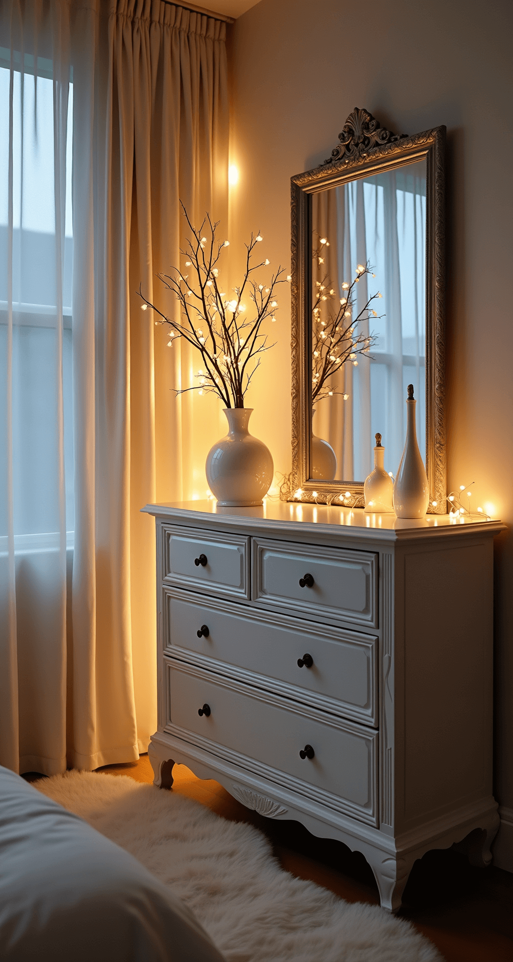 Cozy bedroom corner vignette at twilight, featuring floor-to-ceiling ivory velvet drapes, a vintage white dresser adorned with mercury glass vessels and fairy lights, an oversized antiqued silver mirror reflecting soft lighting, and a textured sheepskin rug below.