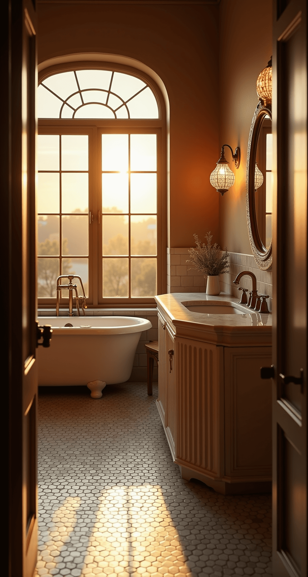 Transforming Your Bathroom into a Luxurious Sanctuary: The Ultimate Decor Guide Art Deco inspired bathroom featuring a curved marble vanity, hexagonal floor tiles, and a deep soaking tub, illuminated by golden sunset light through an original restored window, with crystal sconces and a vintage beveled mirror enhancing the warm, nostalgic atmosphere.