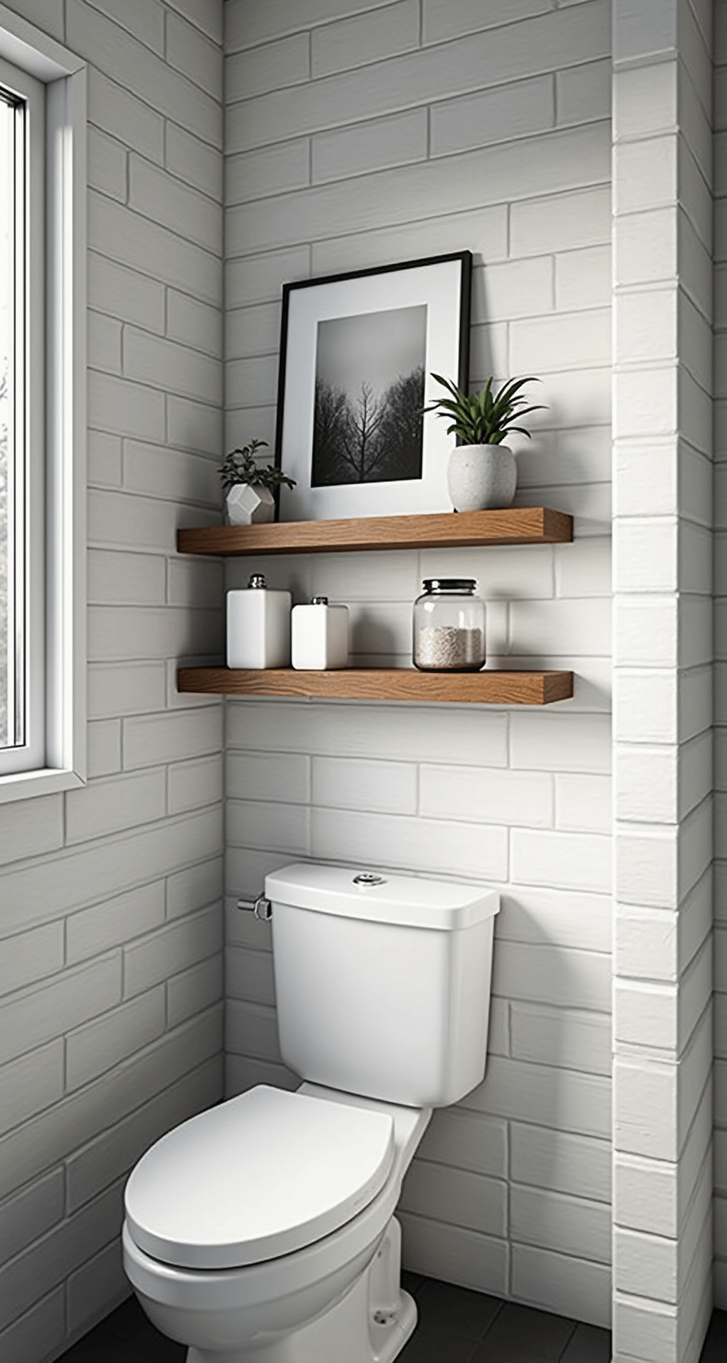 Elevate Your Bathroom: Stunning Shelf Decor Ideas Over the Toilet Modern minimalist bathroom featuring subway tile walls, floating wooden shelves with ceramic containers and plants, and soft natural light from a frosted window; cool gray and white palette with warm wood accents.