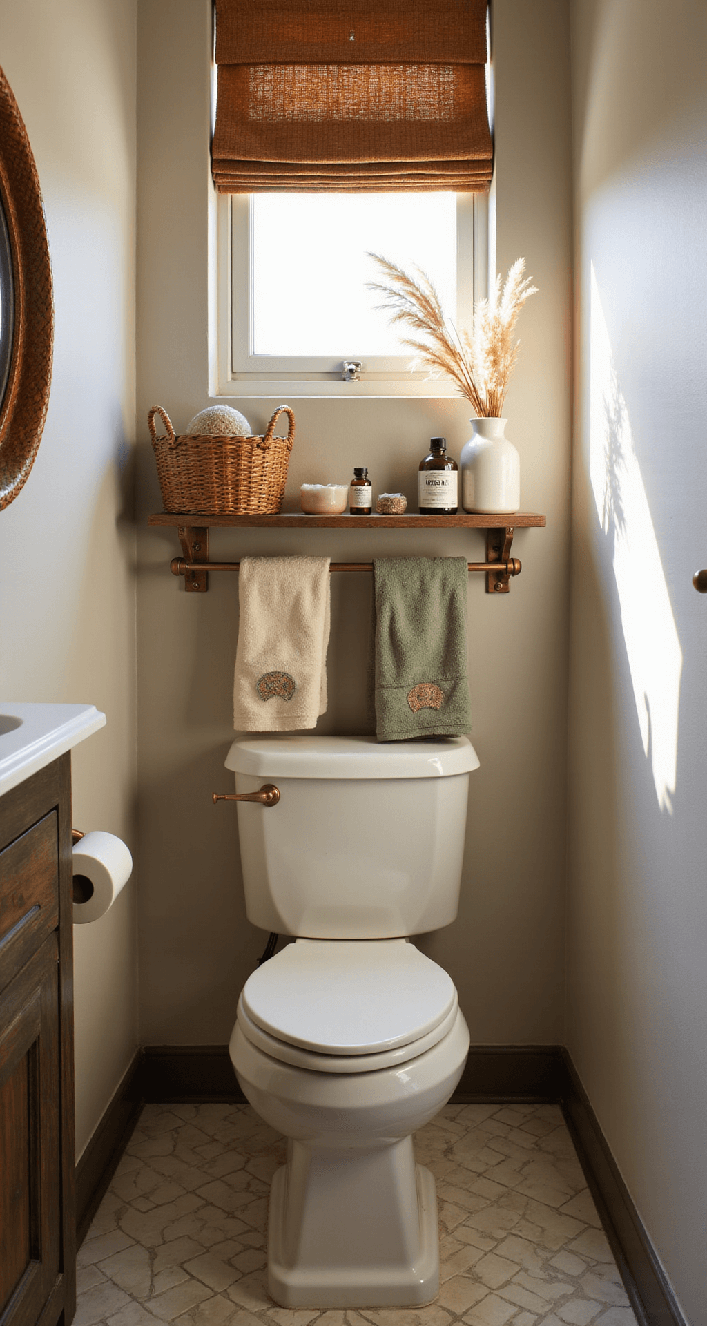 Elevate Your Bathroom: Stunning Shelf Decor Ideas Over the Toilet A textural bathroom vignette featuring herringbone marble floor tiles, antique brass floating shelves, and warm golden hour lighting, styled with woven baskets, Turkish hand towels, vintage apothecary bottles, and dried pampas grass, all reflected in a rattan mirror, with a soft earth-toned palette.