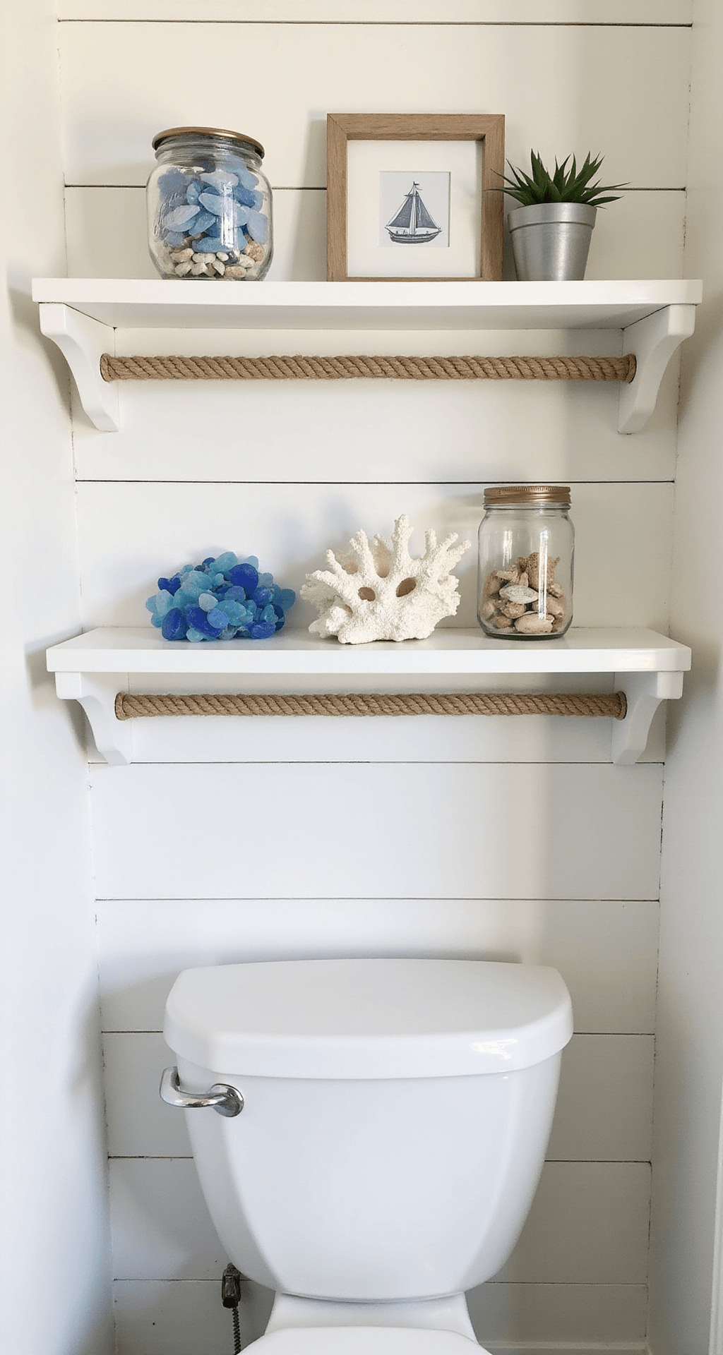 Elevate Your Bathroom: Stunning Shelf Decor Ideas Over the Toilet Coastal-inspired bathroom with shiplap accent wall, featuring three white floating shelves displaying sea glass, coral, and maritime art, illuminated by diffused natural light from a skylight above.