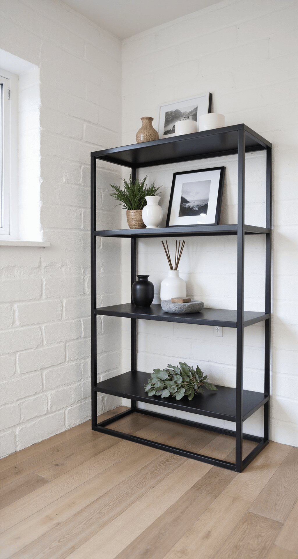 Elevate Your Bathroom: Stunning Shelf Decor Ideas Over the Toilet A serene Scandinavian spa bathroom at dawn, featuring light oak flooring, matte black metal shelves against a white brick wall, and soft overhead lighting. The shelves display a gray stone soap dish, a white ceramic diffuser, minimalist black and white photography, an eucalyptus bundle, and handcrafted pottery, all arranged to create a calming ambiance with subtle shadows.