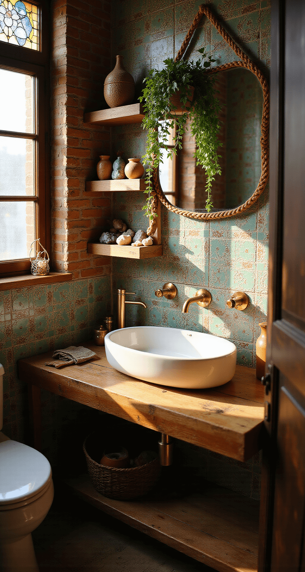 Elevate Your Bathroom: Stunning Shelf Decor Ideas Over the Toilet A bohemian luxe bathroom featuring a zellige tile wall, reclaimed wood shelves with macramé accents, and warm sunlight streaming through a stained glass window. The lower shelf displays crystal clusters and a brass incense holder, while the upper shelf showcases vintage pottery and a trailing pothos plant. A Moroccan mirror is hung above, with rich jewel tones and metallic accents creating a dramatic atmosphere enhanced by side lighting.